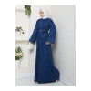 İNCİ DETAYLİ ABİYE FUL DÜĞME KAPATMA MAVİ KOT ELBİSE TESETTÜR