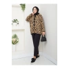 KADIN LEOPAR DESEN UZUN HIRKA YUMOŞ TRİKO GOLD DÜĞMELİ BEJ
