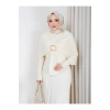 KADIN PELERİN DETAYLI PİLİSELİ BROŞ DETAYLI UZUN TRİKO İKİLİ ELBESİ