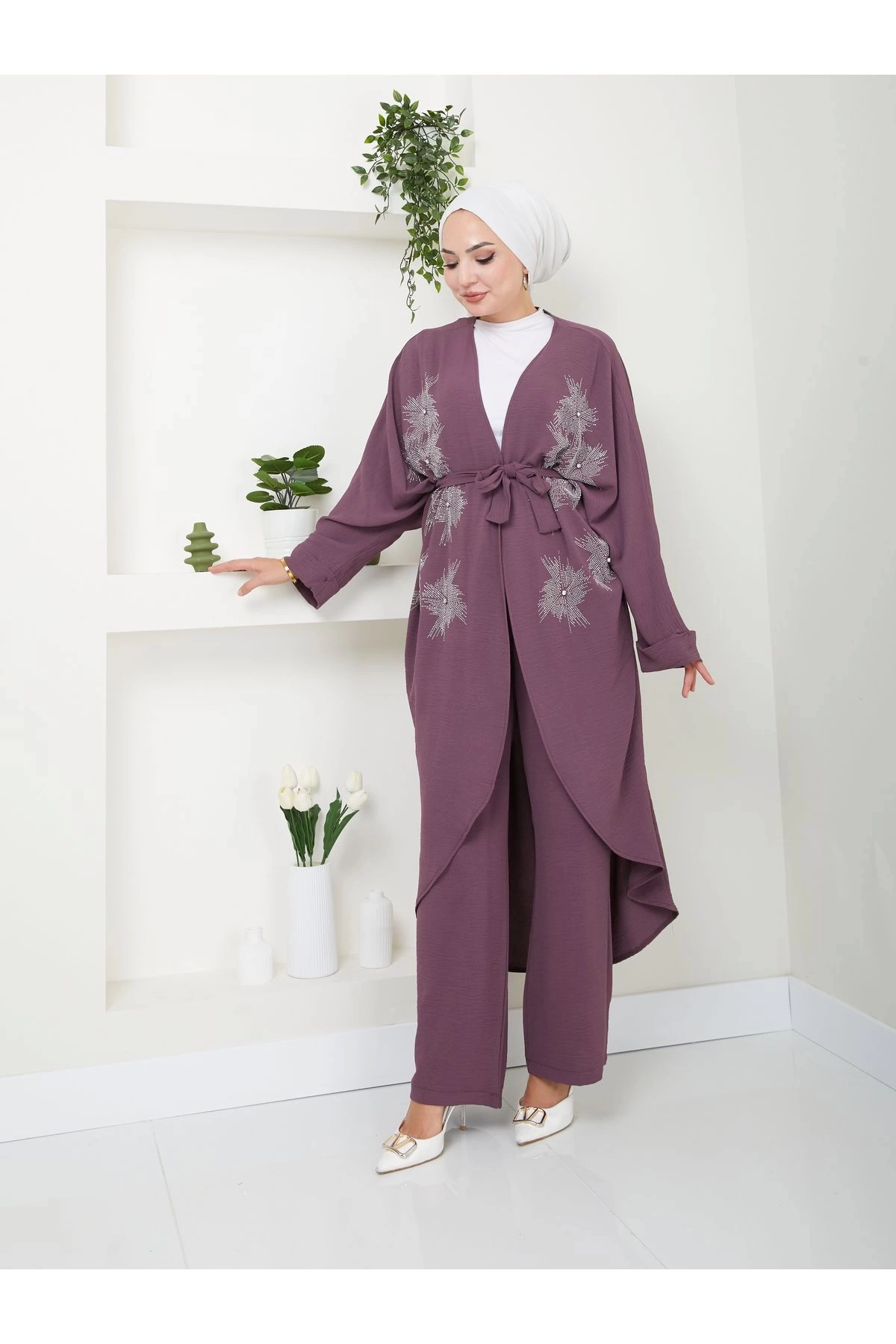 TAŞLİ KİMONO AYROBİN TESETTÜR TAKIM 634 MÜRDÜM