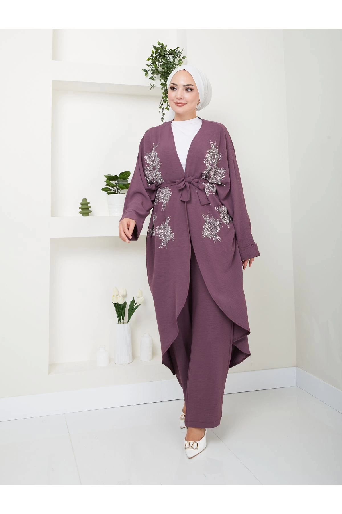 TAŞLİ KİMONO AYROBİN TESETTÜR TAKIM 634 MÜRDÜM