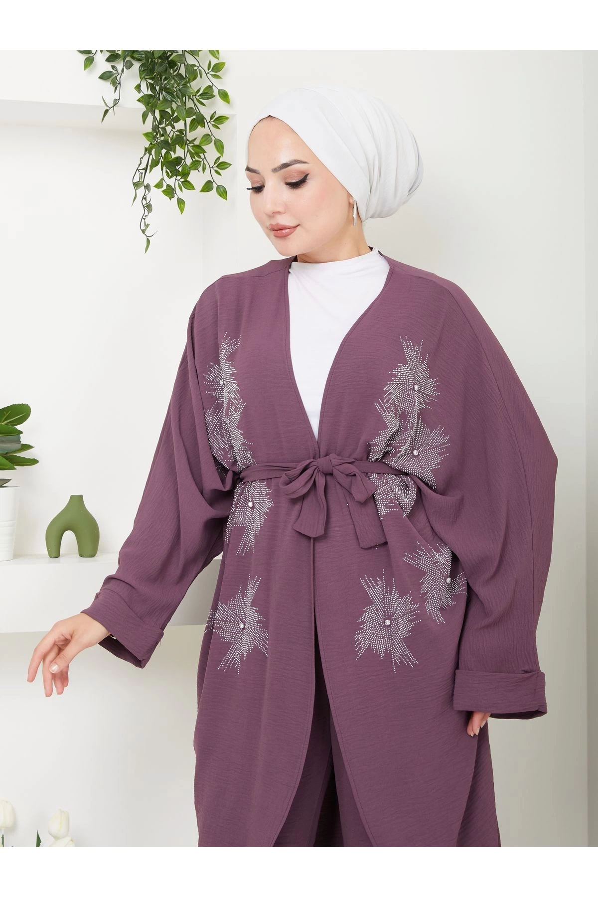 TAŞLİ KİMONO AYROBİN TESETTÜR TAKIM 634 MÜRDÜM