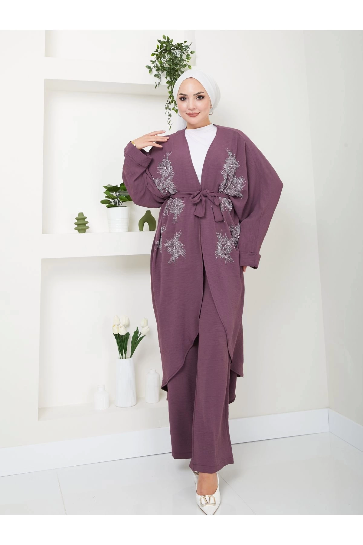 TAŞLİ KİMONO AYROBİN TESETTÜR TAKIM 634 MÜRDÜM