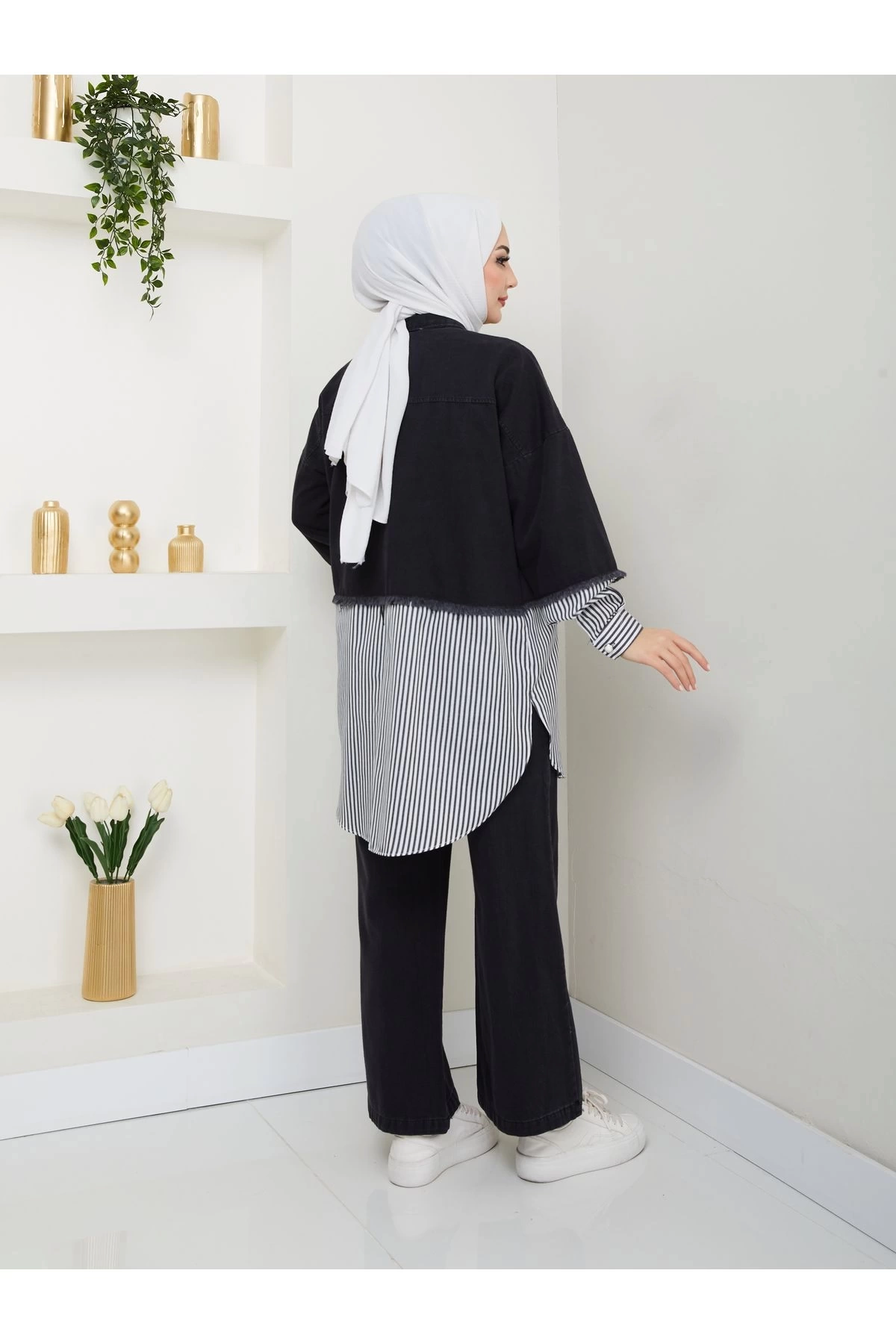 CEPLİ ÇİZGİLİ SİYAH KOT TESETTÜR TAKIM