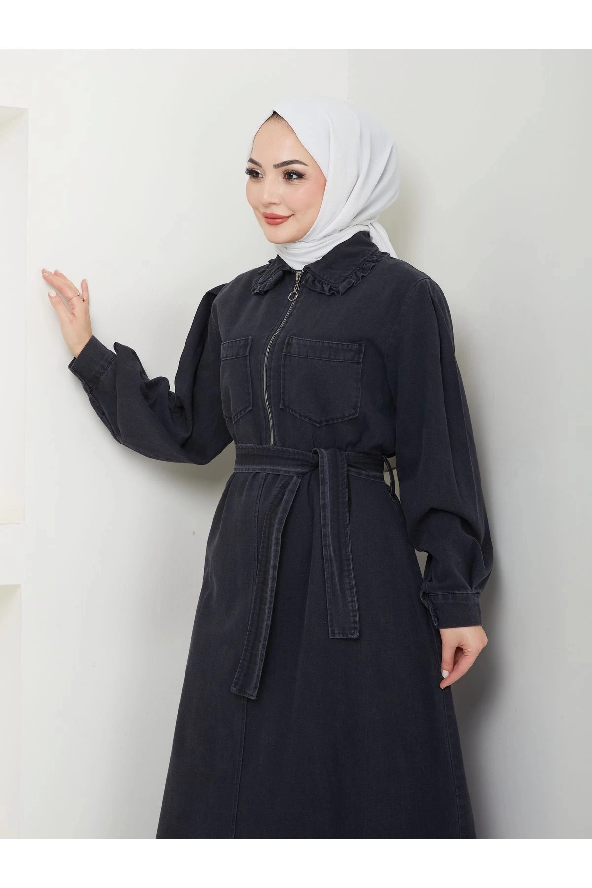 CEOLİ FERMUARLI TESETTÜR SİYAH KOT ELBİSE