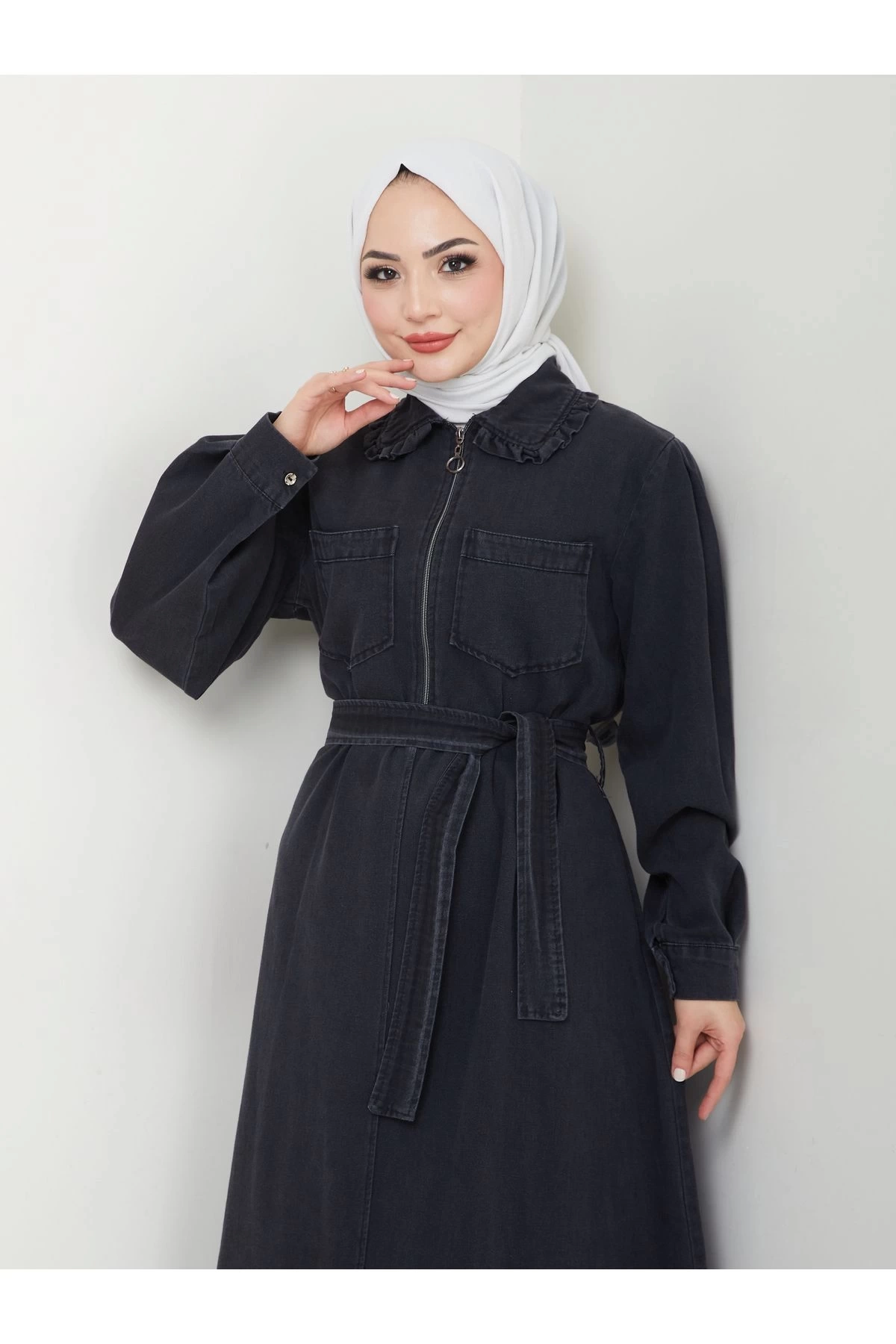 CEOLİ FERMUARLI TESETTÜR SİYAH KOT ELBİSE