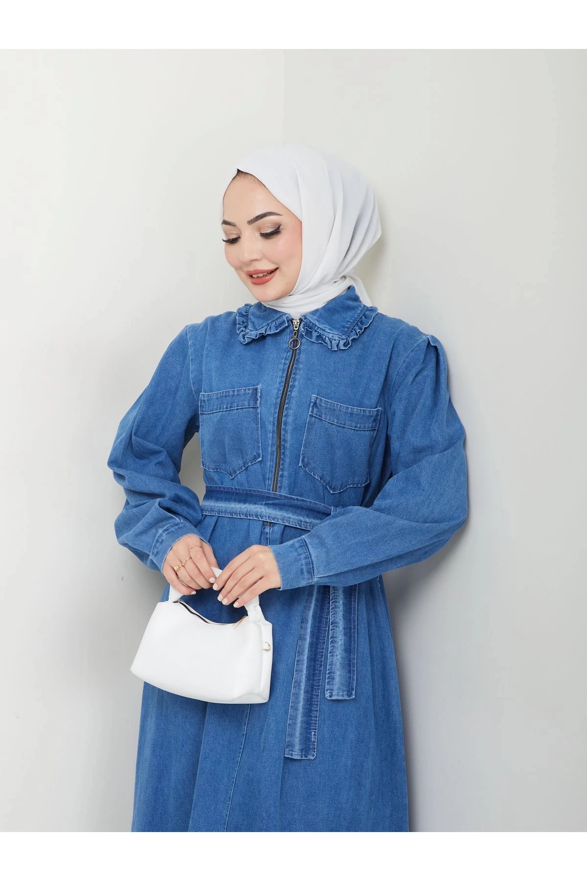 CEOLİ FERMUARLI TESETTÜR MAVİ KOT ELBİSE