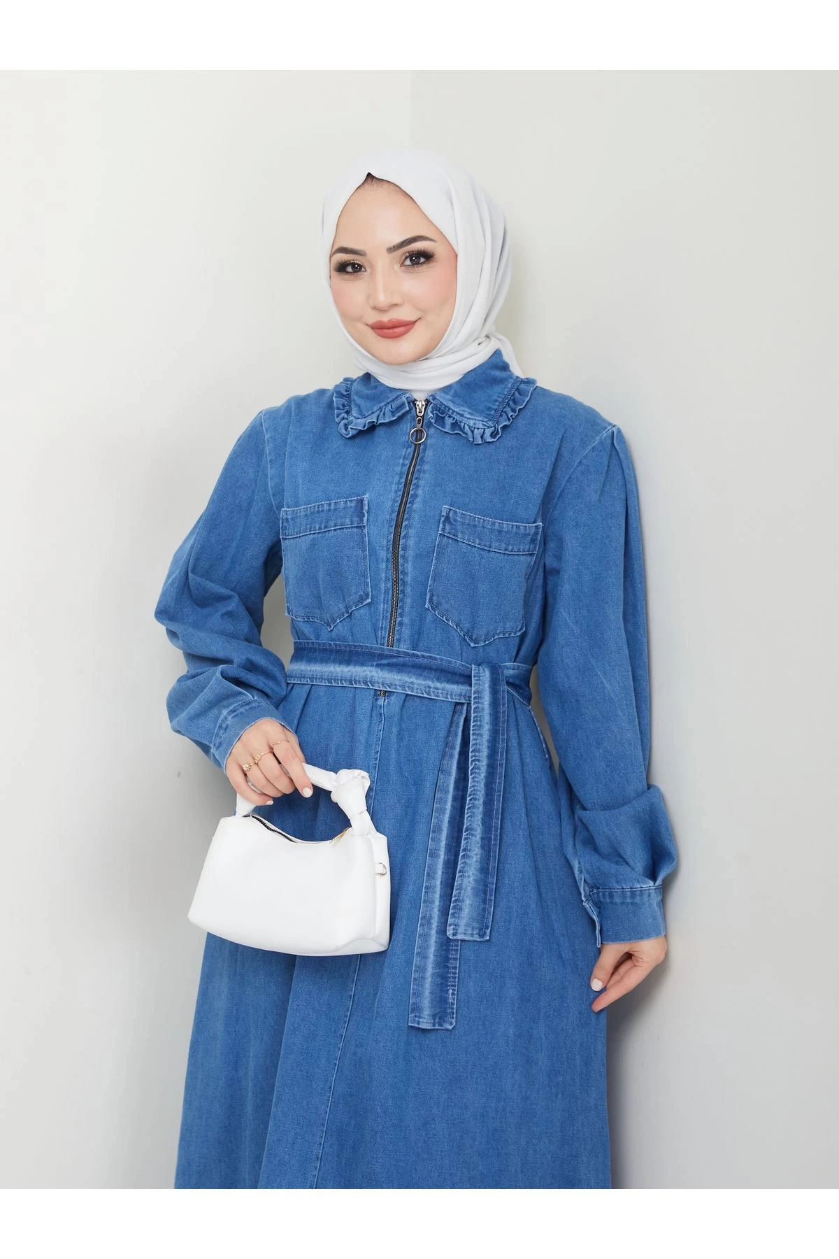 CEOLİ FERMUARLI TESETTÜR MAVİ KOT ELBİSE