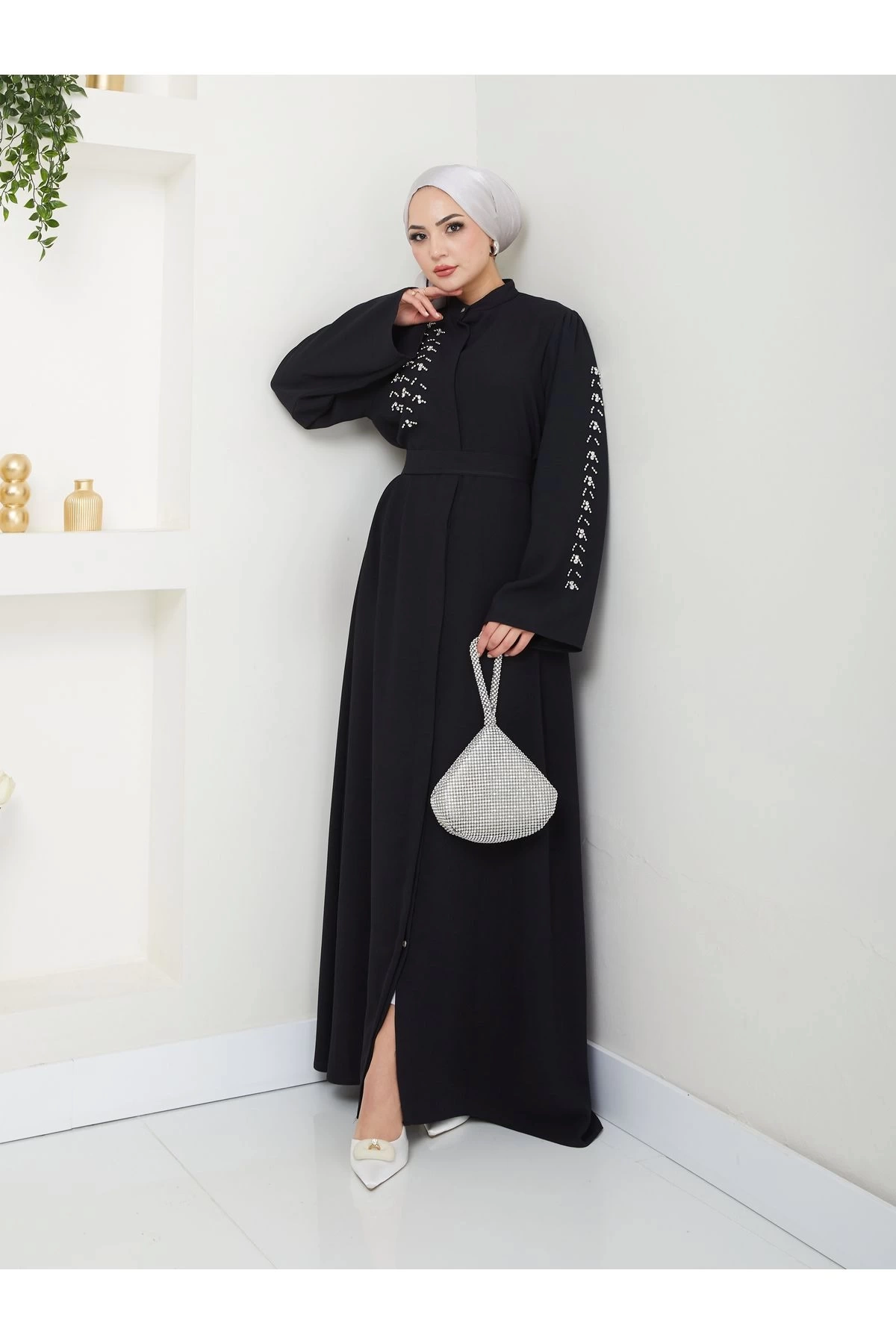 TAŞLİ ABAYA TESETTÜR GIYIM KADIN FERACE ELBISE SİYAH