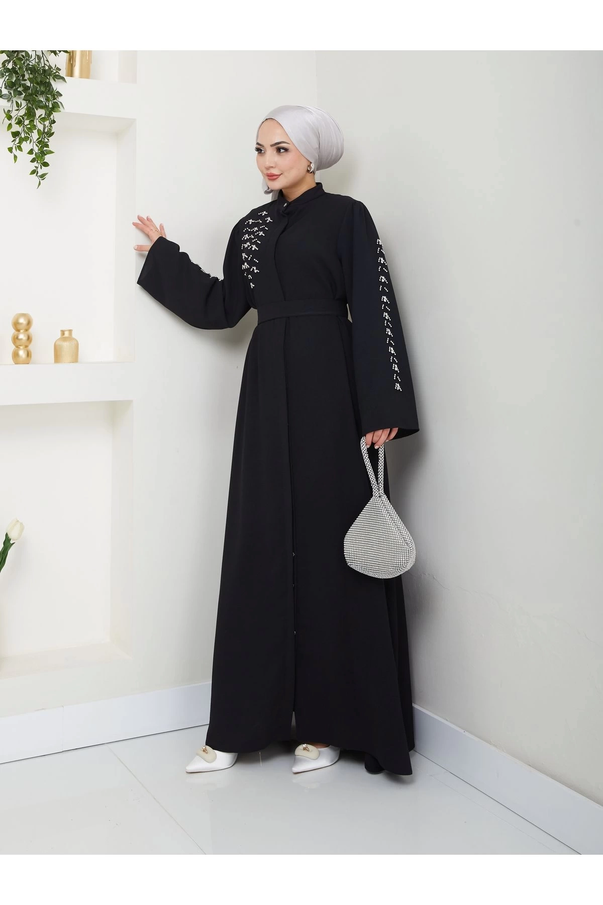 TAŞLİ ABAYA TESETTÜR GIYIM KADIN FERACE ELBISE SİYAH