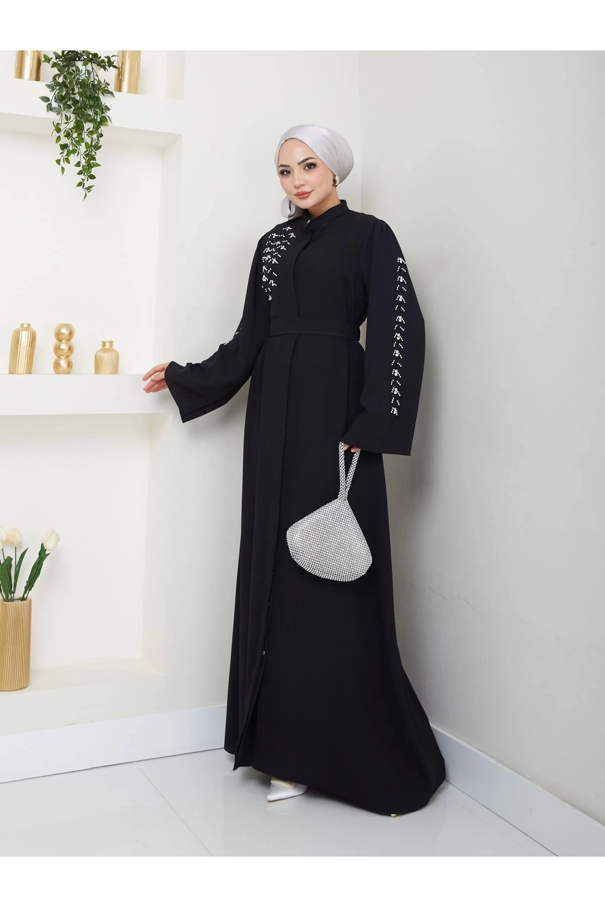 TAŞLİ ABAYA TESETTÜR GIYIM KADIN FERACE ELBISE SİYAH