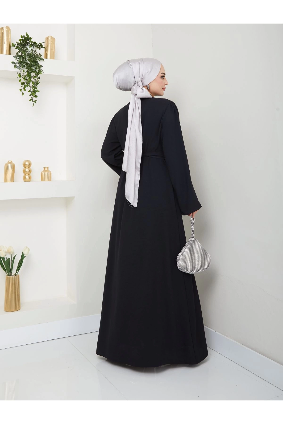 TAŞLİ ABAYA TESETTÜR GIYIM KADIN FERACE ELBISE SİYAH
