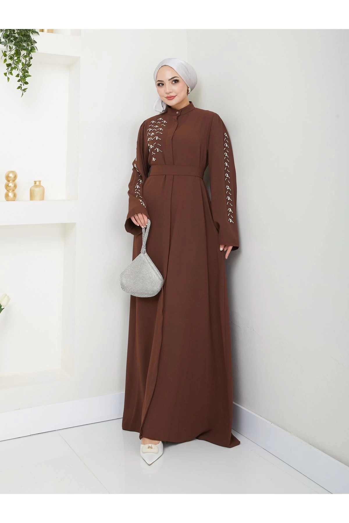 TAŞLİ ABAYA TESETTÜR GIYIM KADIN FERACE ELBISE KAHVE