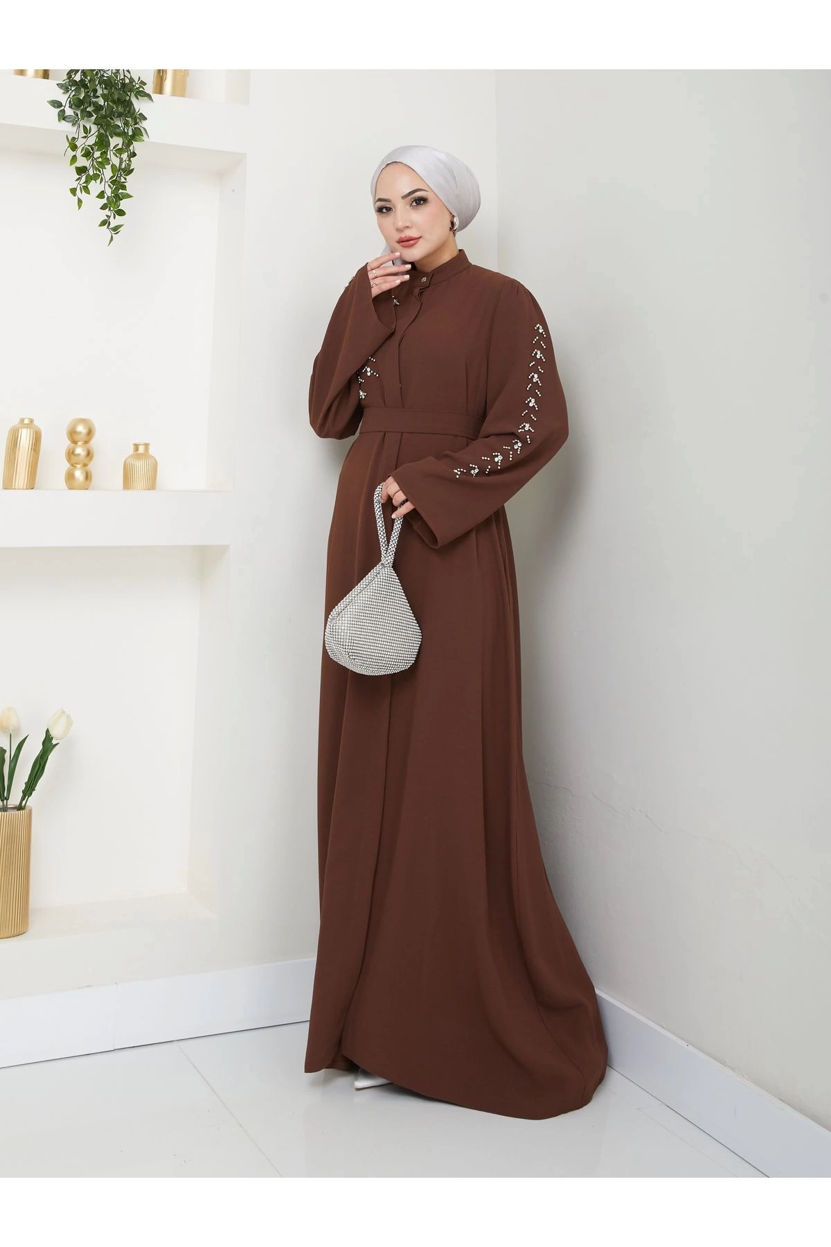 TAŞLİ ABAYA TESETTÜR GIYIM KADIN FERACE ELBISE KAHVE