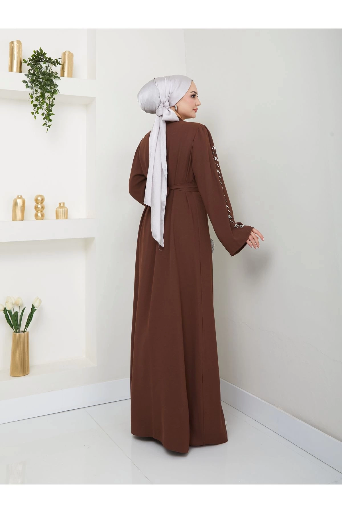 TAŞLİ ABAYA TESETTÜR GIYIM KADIN FERACE ELBISE KAHVE