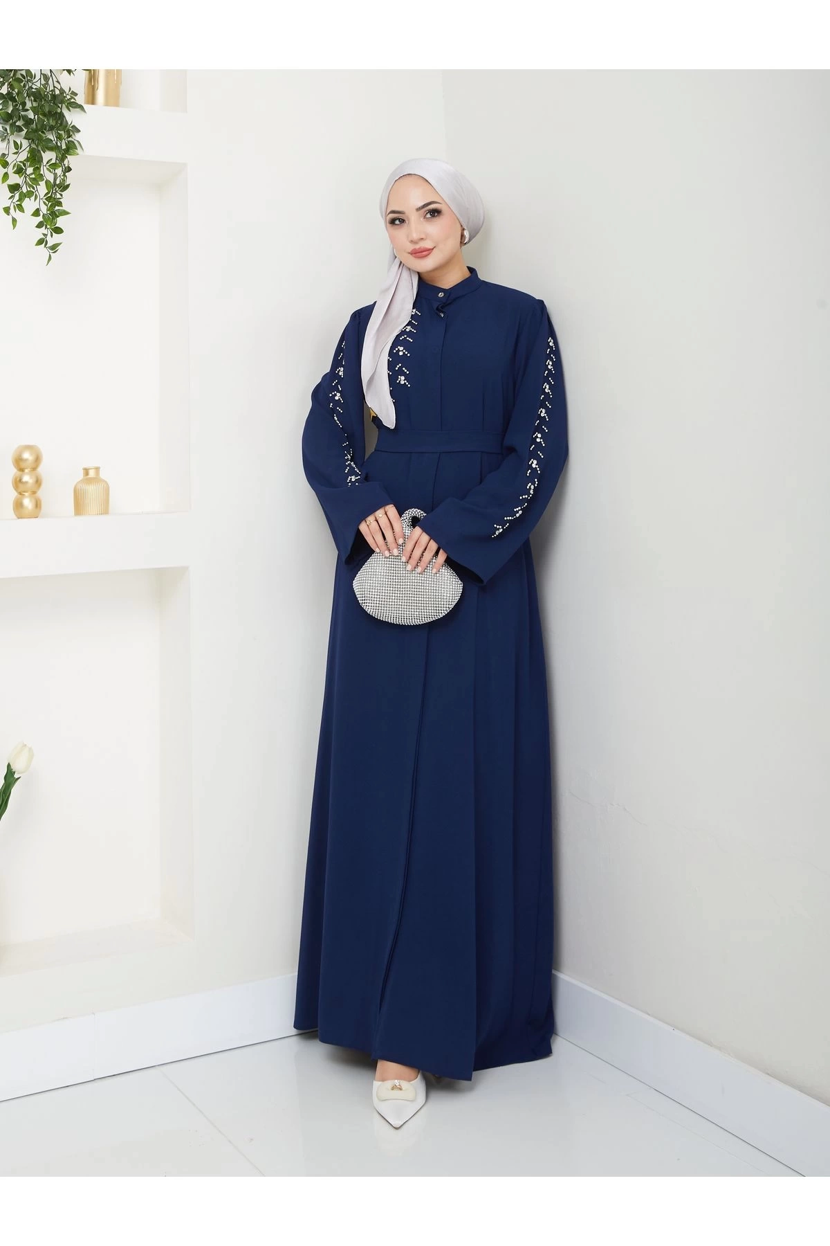 TAŞLİ ABAYA TESETTÜR GIYIM KADIN FERACE ELBISE LACIVERT