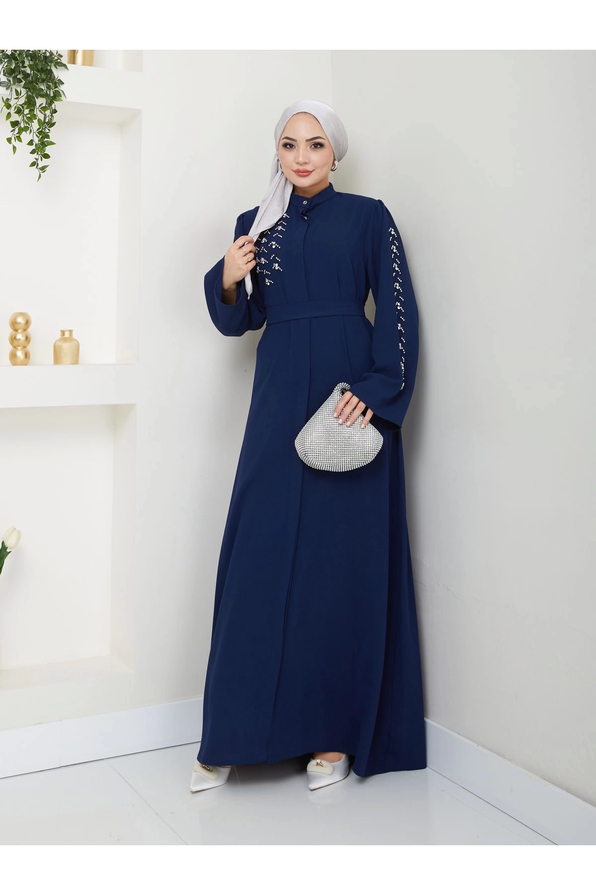 TAŞLİ ABAYA TESETTÜR GIYIM KADIN FERACE ELBISE LACIVERT