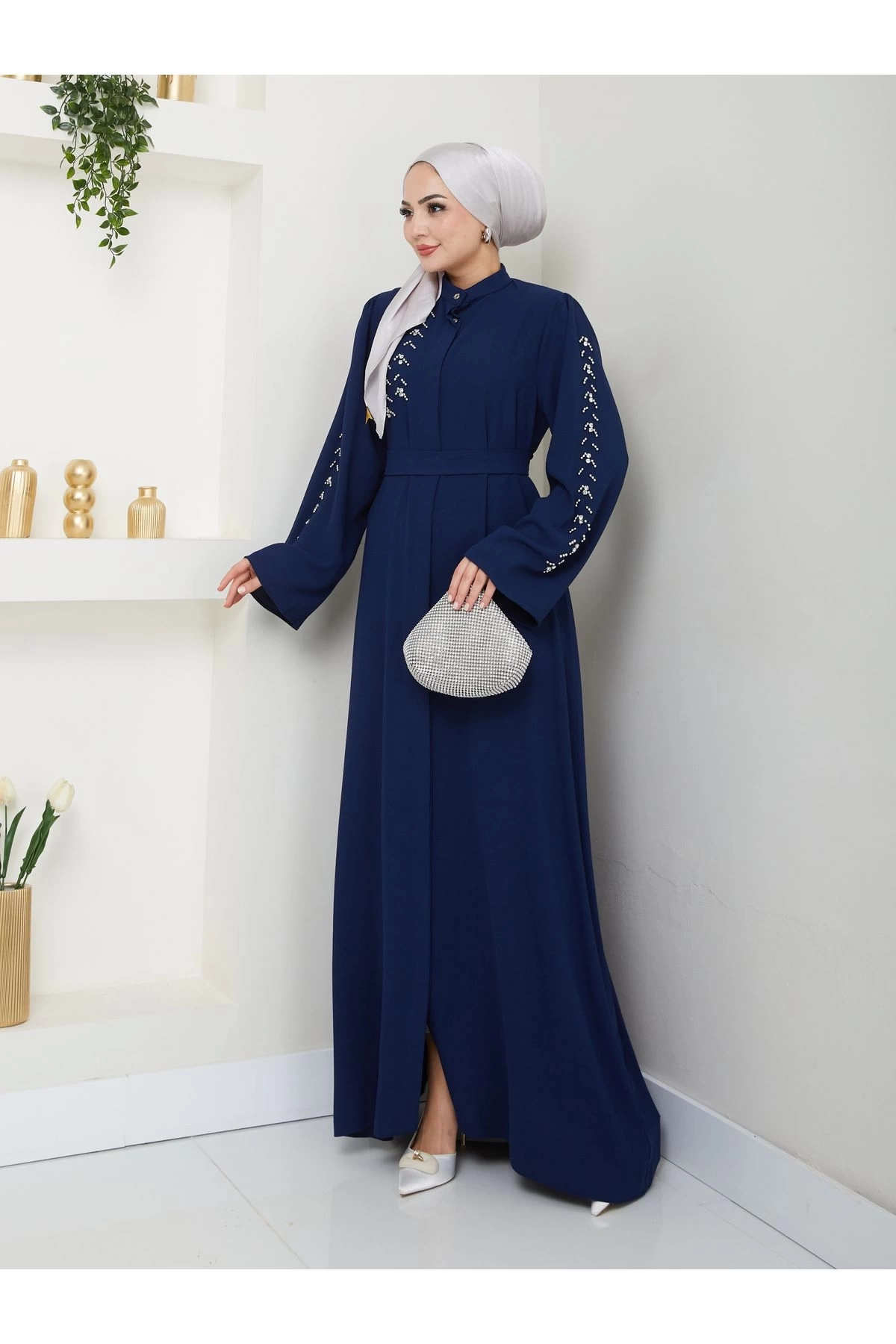 TAŞLİ ABAYA TESETTÜR GIYIM KADIN FERACE ELBISE LACIVERT