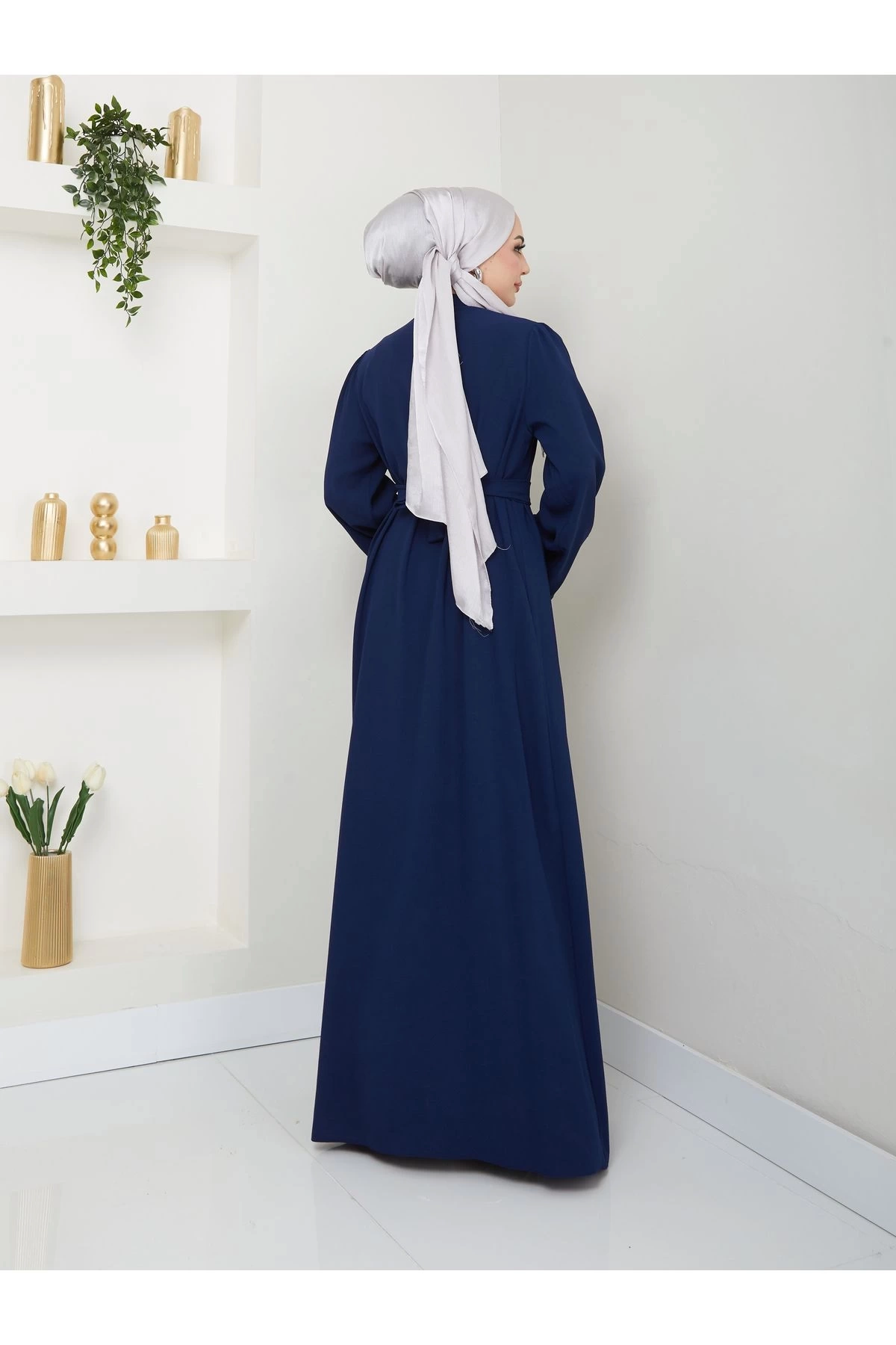 TAŞLİ ABAYA TESETTÜR GIYIM KADIN FERACE ELBISE LACIVERT