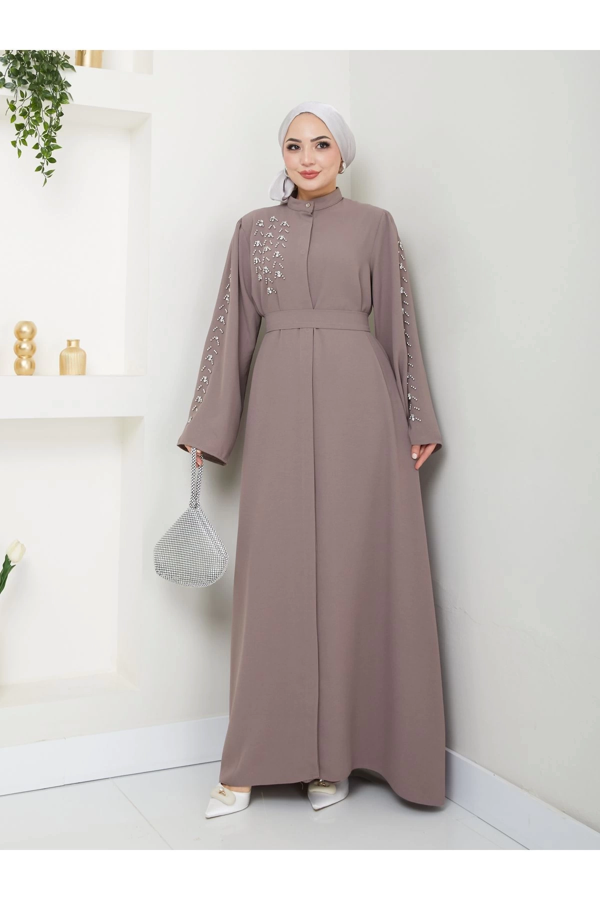 TAŞLİ ABAYA TESETTÜR GIYIM KADIN FERACE ELBISE VİZON