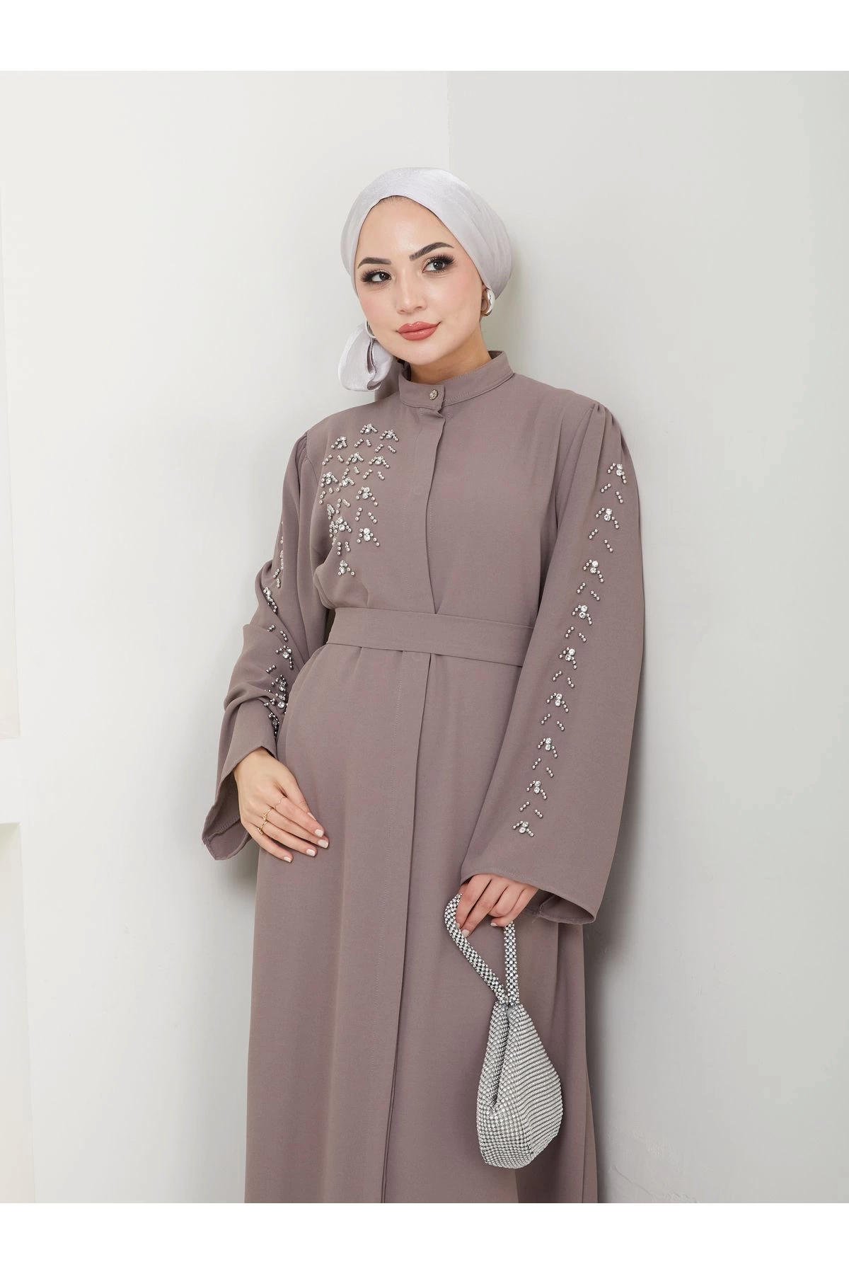 TAŞLİ ABAYA TESETTÜR GIYIM KADIN FERACE ELBISE VİZON