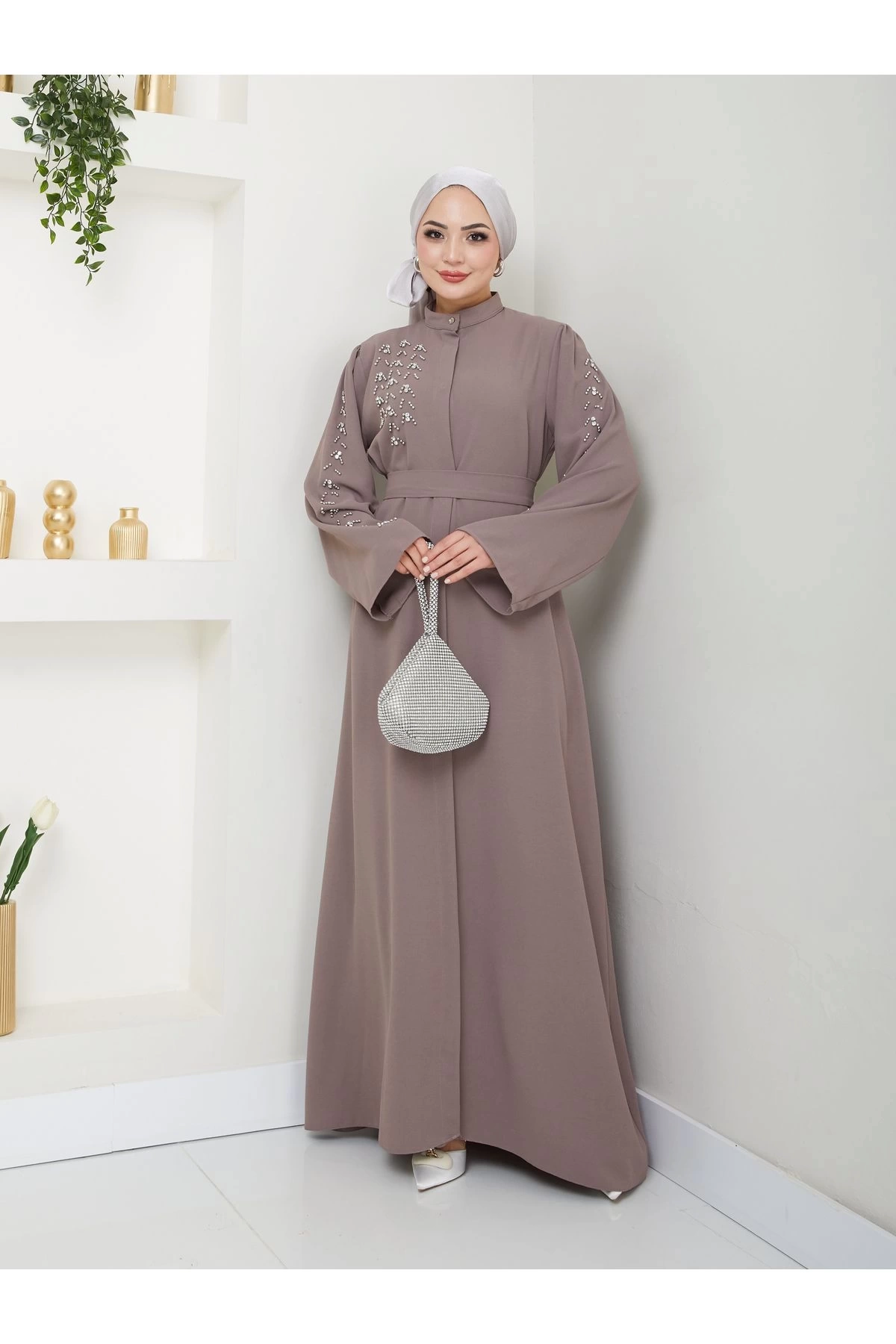 TAŞLİ ABAYA TESETTÜR GIYIM KADIN FERACE ELBISE VİZON