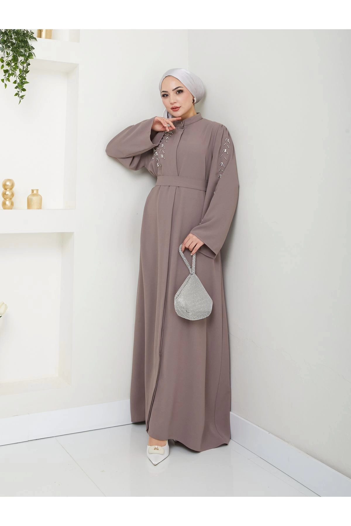 TAŞLİ ABAYA TESETTÜR GIYIM KADIN FERACE ELBISE VİZON
