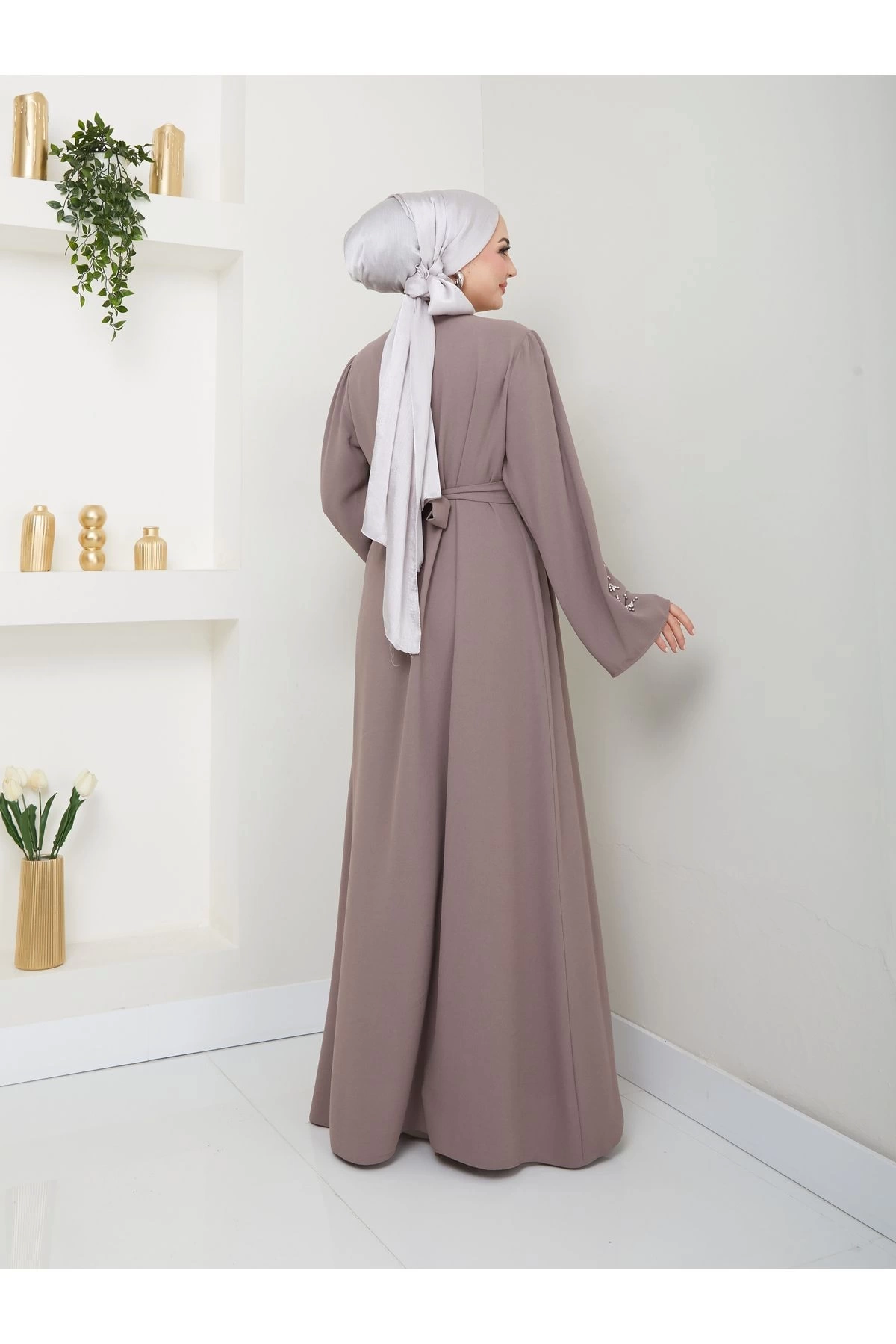 TAŞLİ ABAYA TESETTÜR GIYIM KADIN FERACE ELBISE VİZON