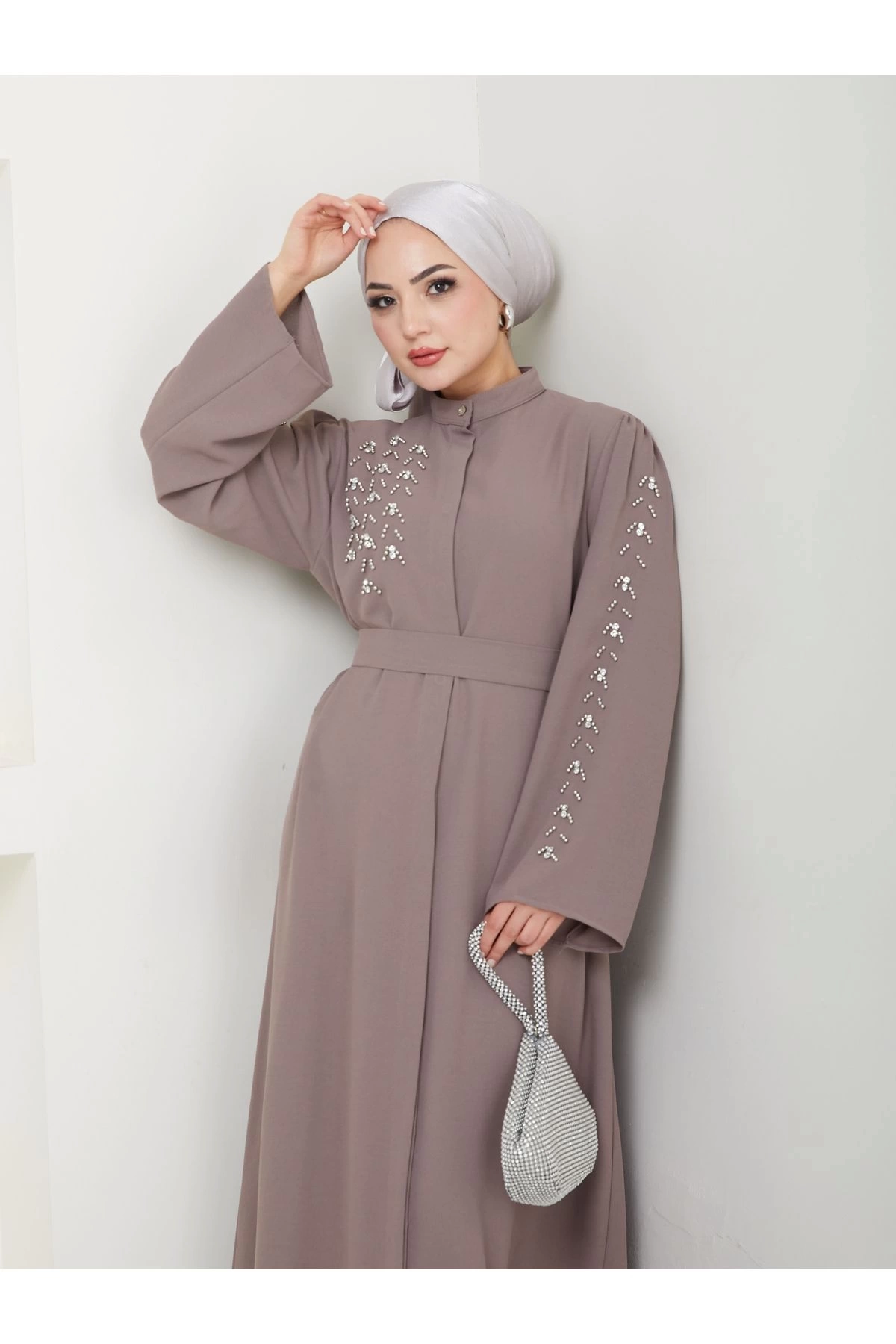 TAŞLİ ABAYA TESETTÜR GIYIM KADIN FERACE ELBISE VİZON