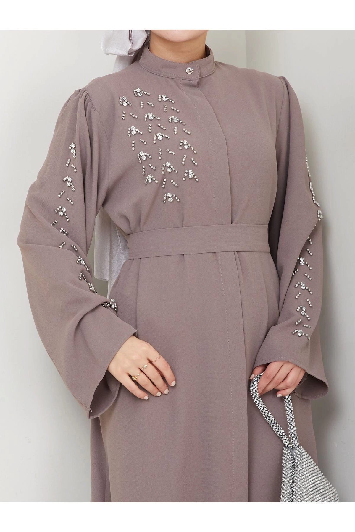 TAŞLİ ABAYA TESETTÜR GIYIM KADIN FERACE ELBISE VİZON