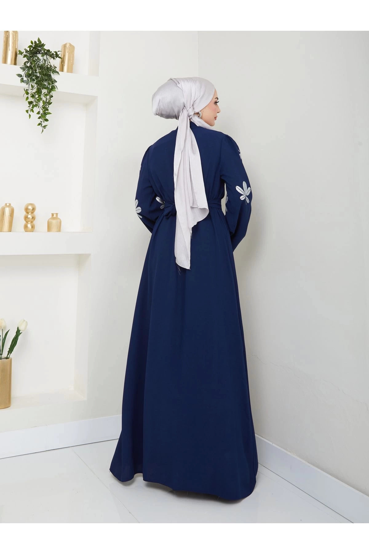 KELEBEK BASKI ABAYA TESETTÜR GIYIM KADIN FERACE ELBISE LACİVERT