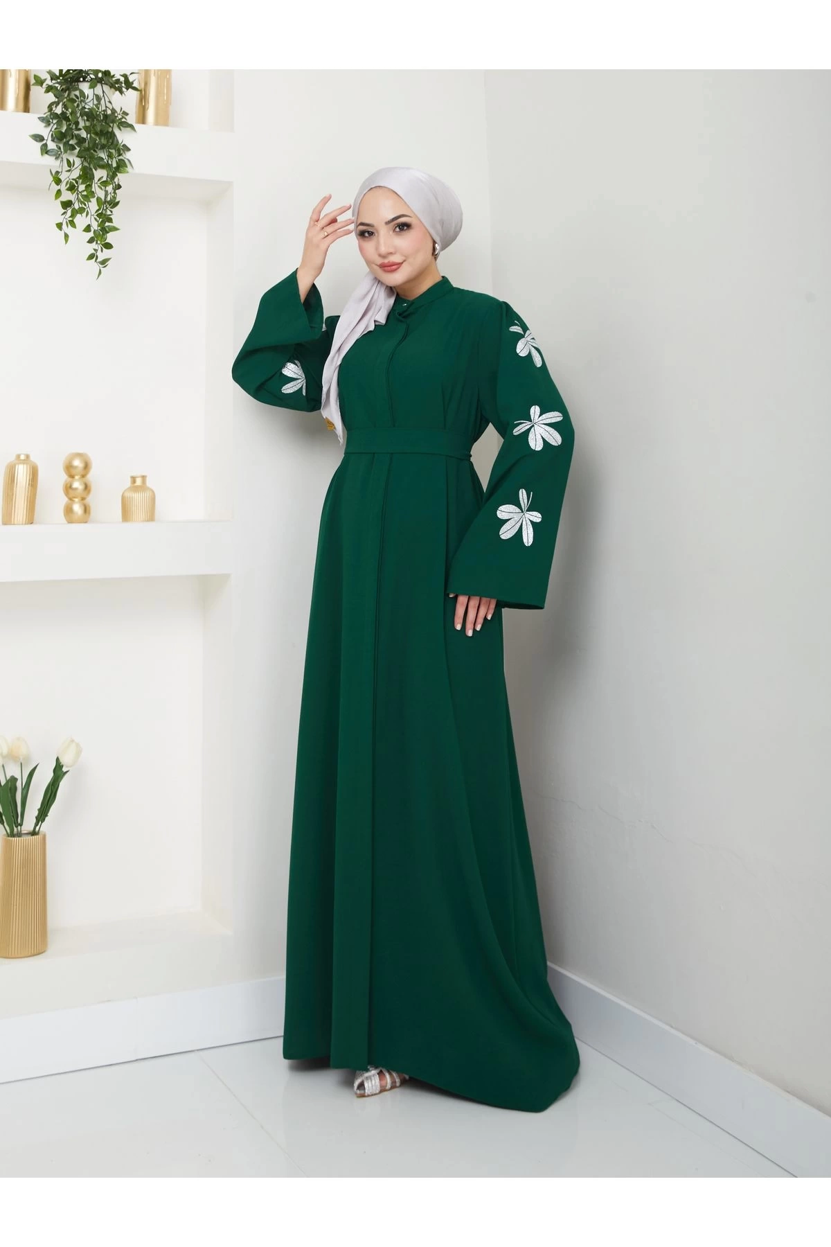 KELEBEK BASKI ABAYA TESETTÜR KADIN FERACE ELBISE ZÜMRÜT
