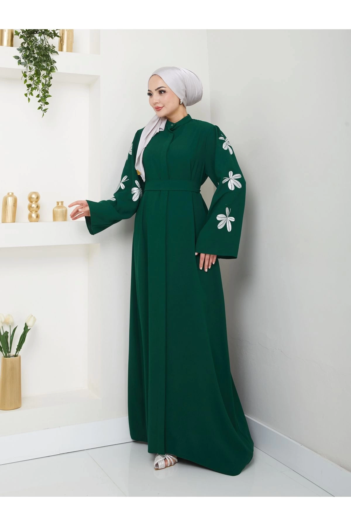 KELEBEK BASKI ABAYA TESETTÜR KADIN FERACE ELBISE ZÜMRÜT