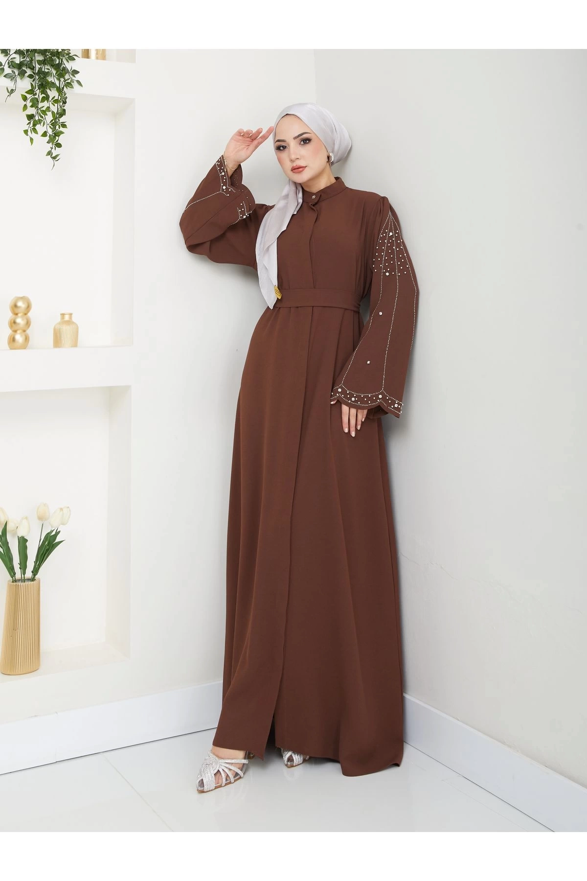 TAŞLİ ABAYA TESETTÜR GIYIM KADIN FERACE ELBISE KAHVE