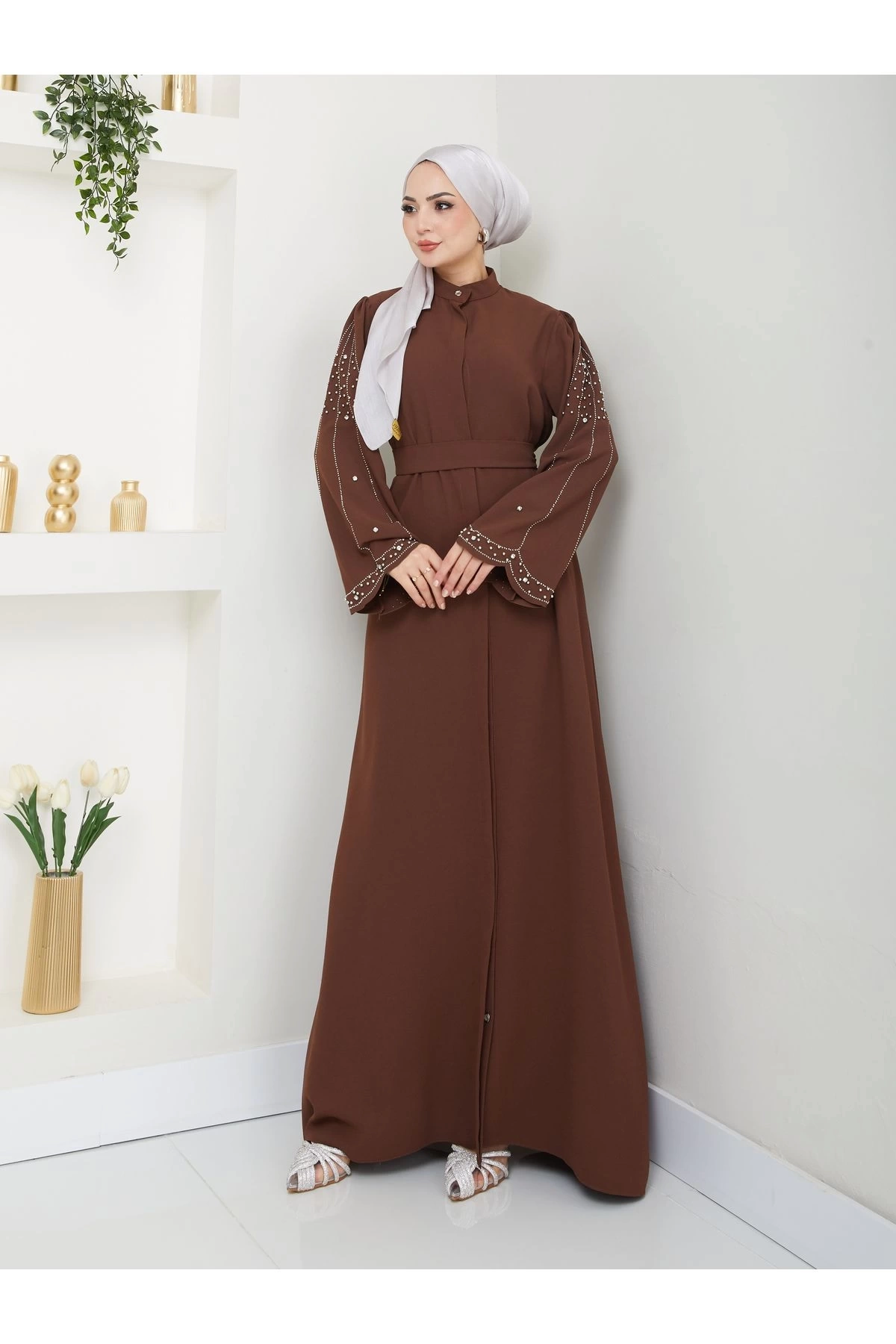 TAŞLİ ABAYA TESETTÜR GIYIM KADIN FERACE ELBISE KAHVE