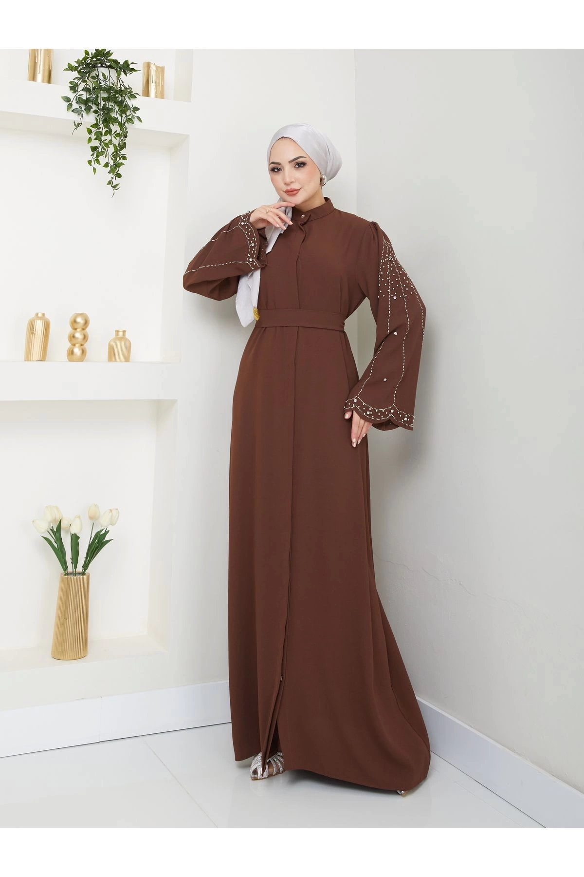 TAŞLİ ABAYA TESETTÜR GIYIM KADIN FERACE ELBISE KAHVE