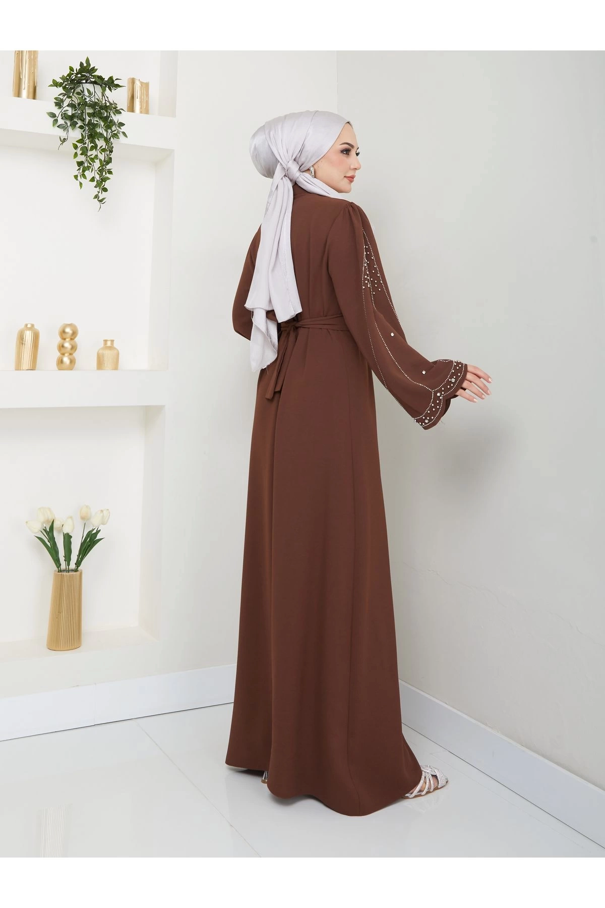 TAŞLİ ABAYA TESETTÜR GIYIM KADIN FERACE ELBISE KAHVE