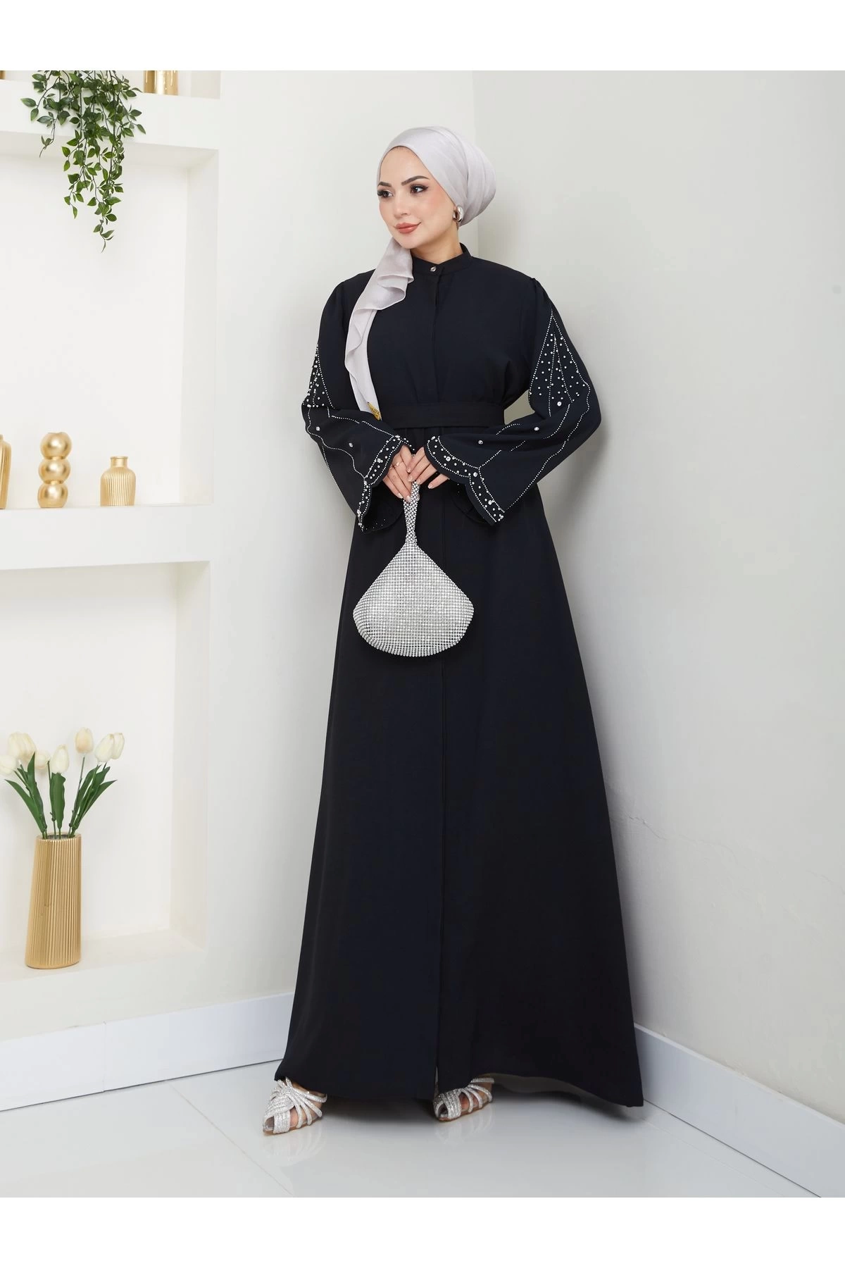 TAŞLİ ABAYA TESETTÜR GIYIM KADIN FERACE ELBISE SİYAH