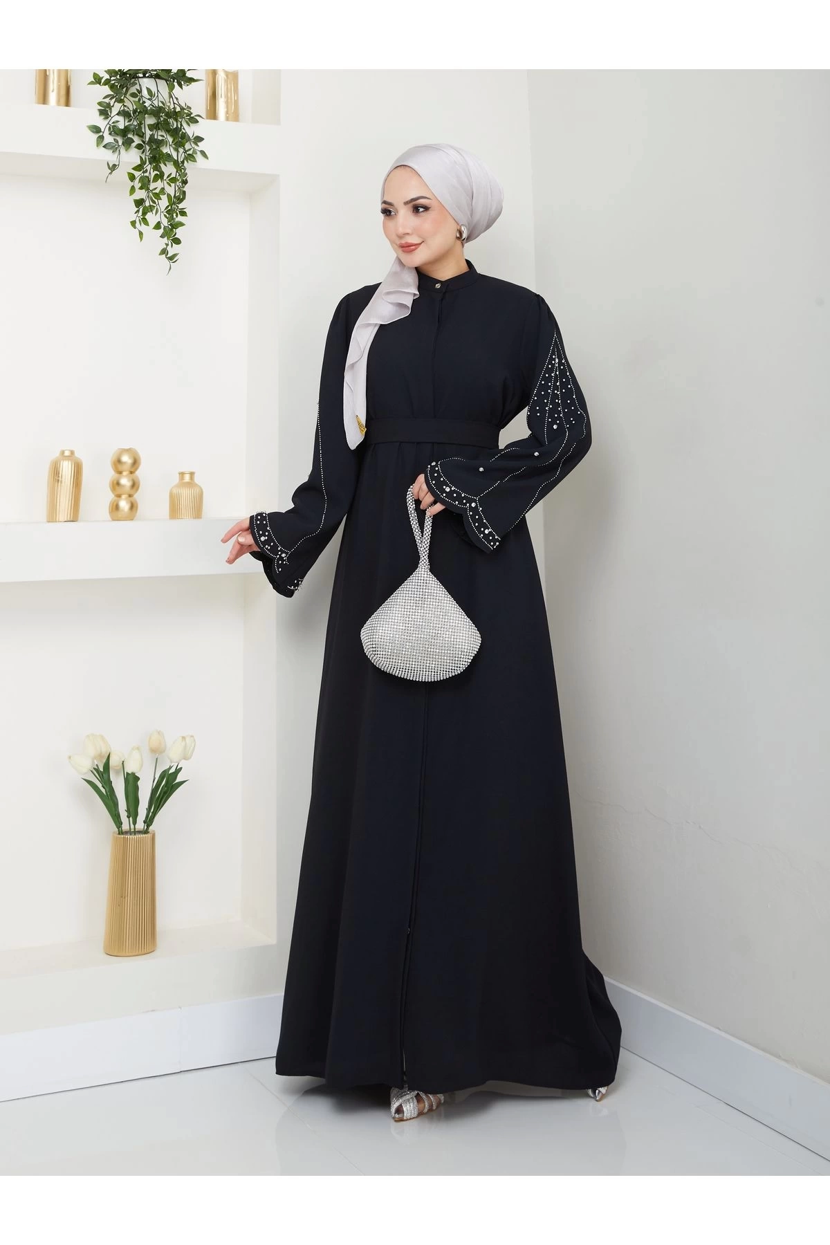 TAŞLİ ABAYA TESETTÜR GIYIM KADIN FERACE ELBISE SİYAH