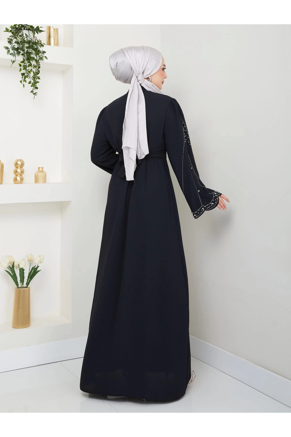 TAŞLİ ABAYA TESETTÜR GIYIM KADIN FERACE ELBISE SİYAH