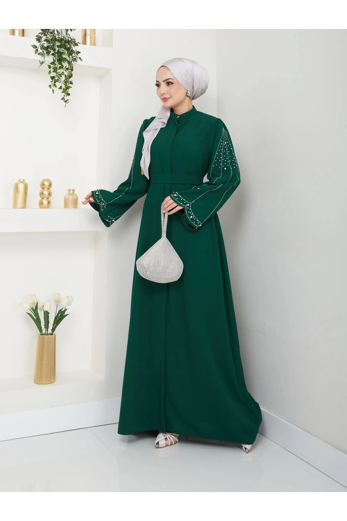 TAŞLİ ABAYA TESETTÜR GIYIM KADIN FERACE ELBISE ZÜMRÜT
