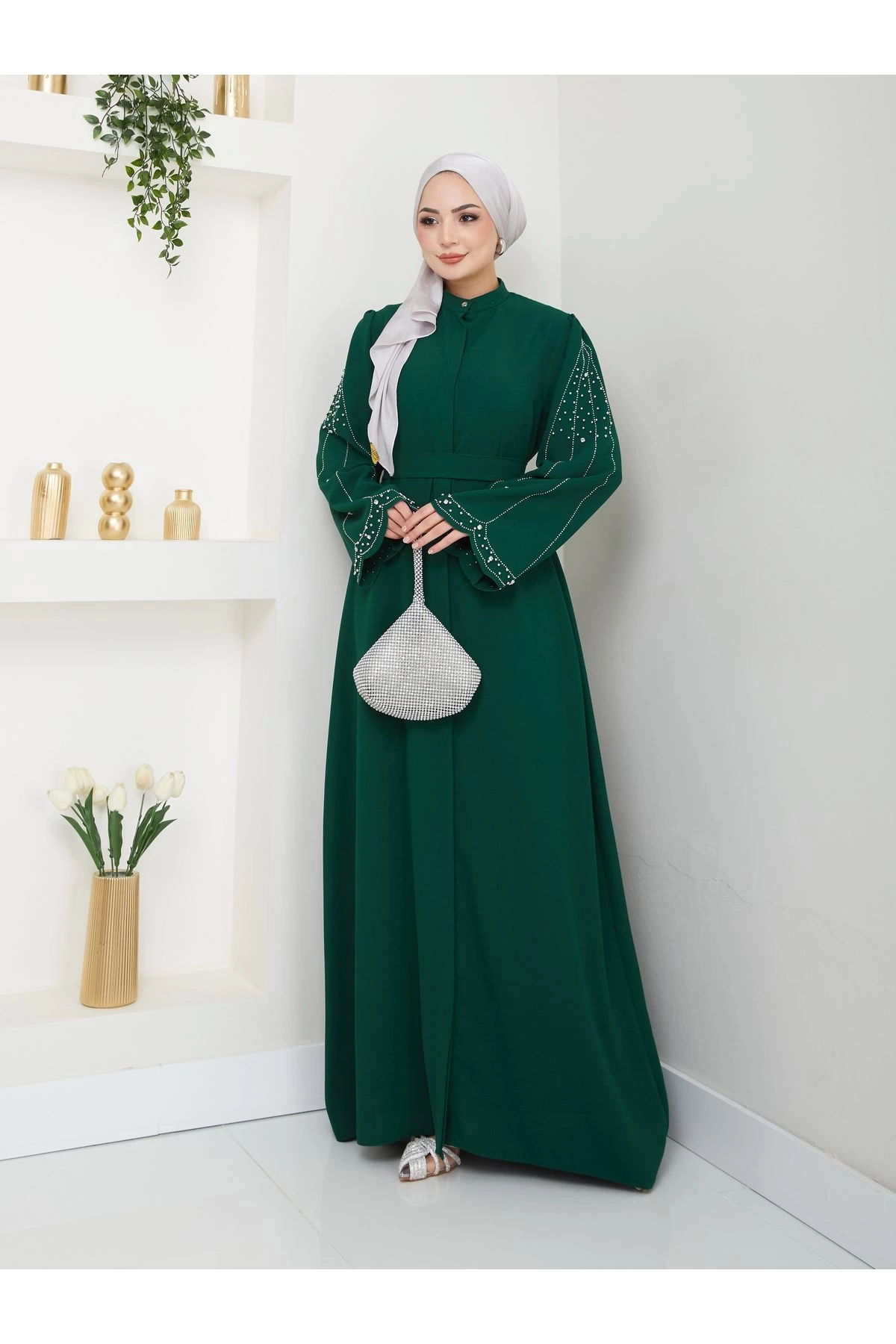 TAŞLİ ABAYA TESETTÜR GIYIM KADIN FERACE ELBISE ZÜMRÜT