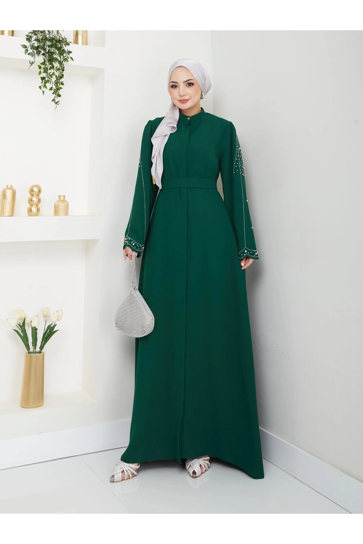 TAŞLİ ABAYA TESETTÜR GIYIM KADIN FERACE ELBISE ZÜMRÜT