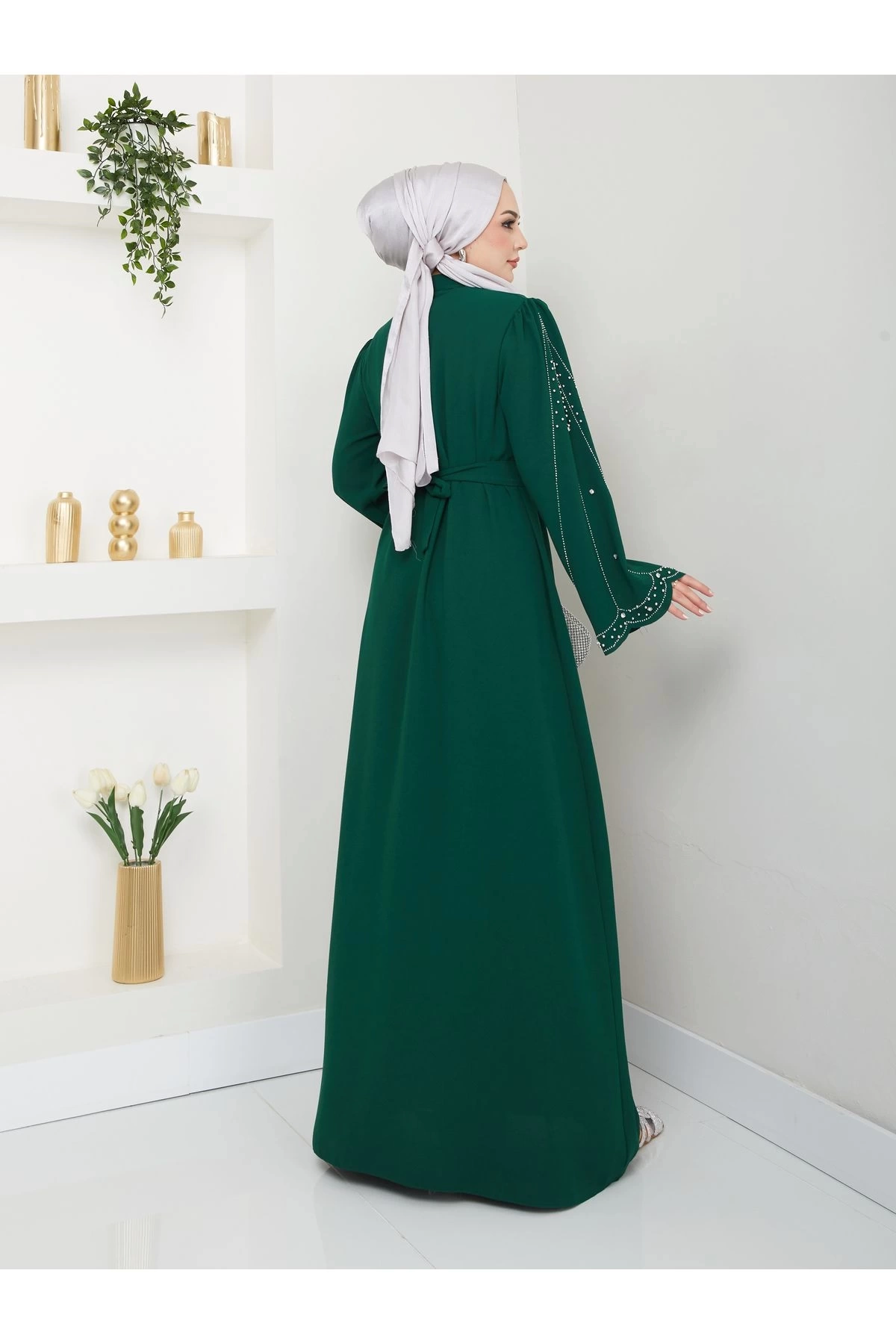 TAŞLİ ABAYA TESETTÜR GIYIM KADIN FERACE ELBISE ZÜMRÜT
