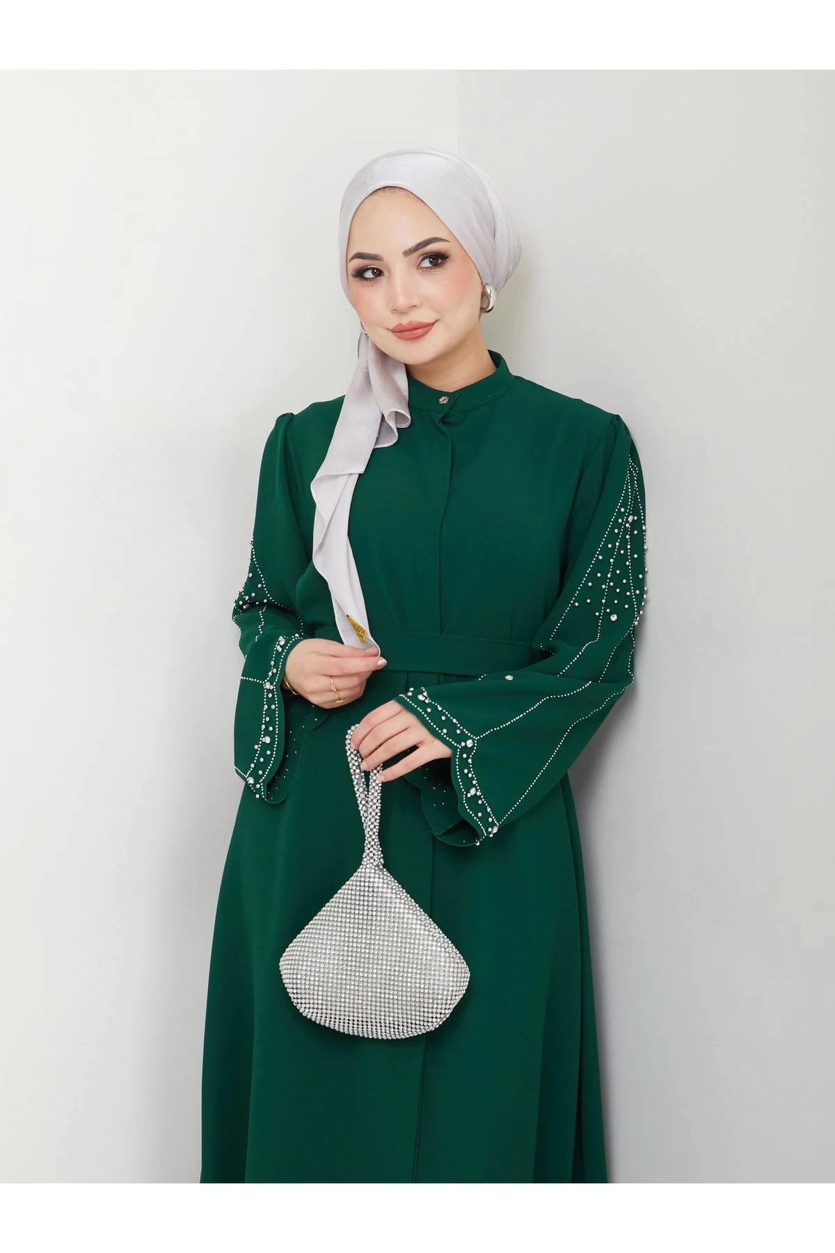 TAŞLİ ABAYA TESETTÜR GIYIM KADIN FERACE ELBISE ZÜMRÜT