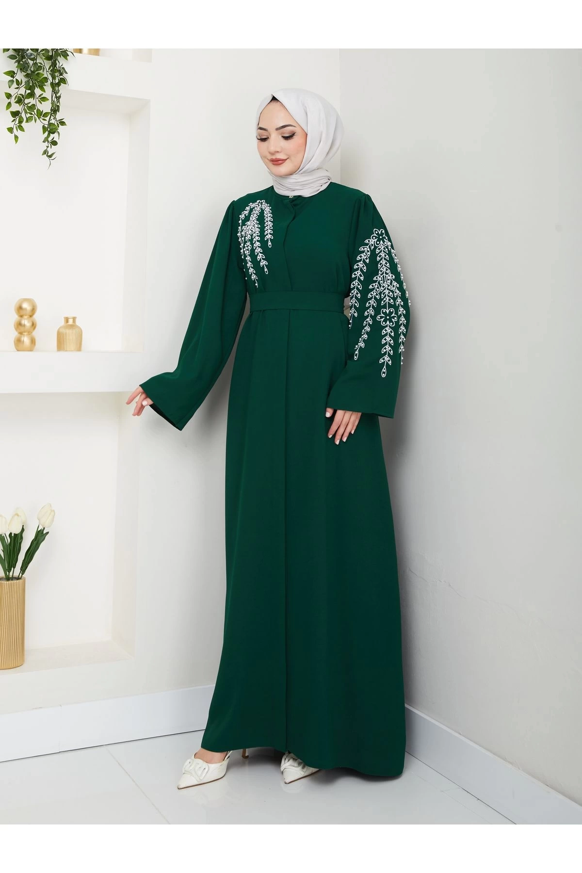 TAŞLİ ABAYA TESETTÜR GIYIM KADIN FERACE ELBISE ZÜMRÜT