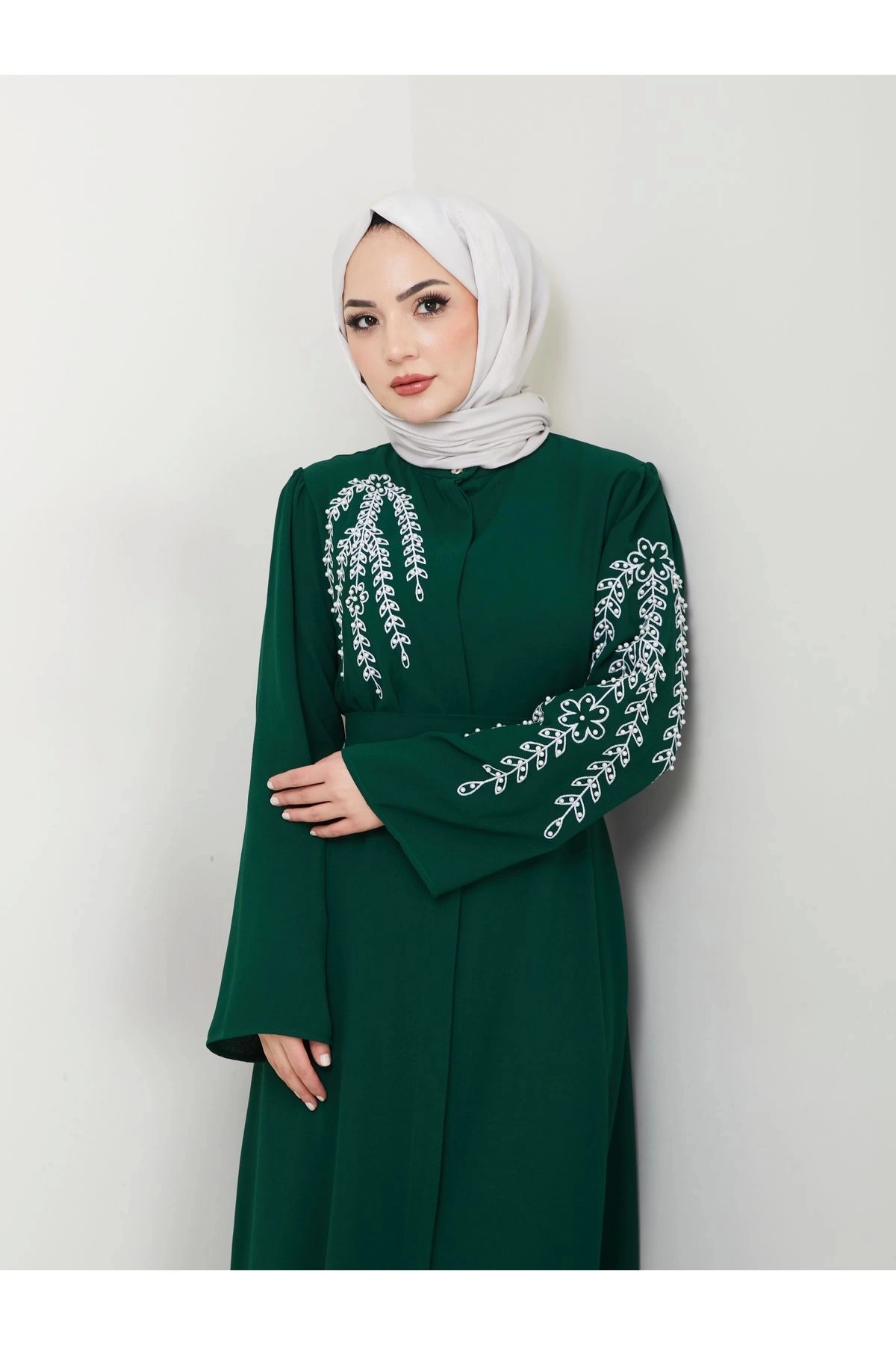 TAŞLİ ABAYA TESETTÜR GIYIM KADIN FERACE ELBISE ZÜMRÜT
