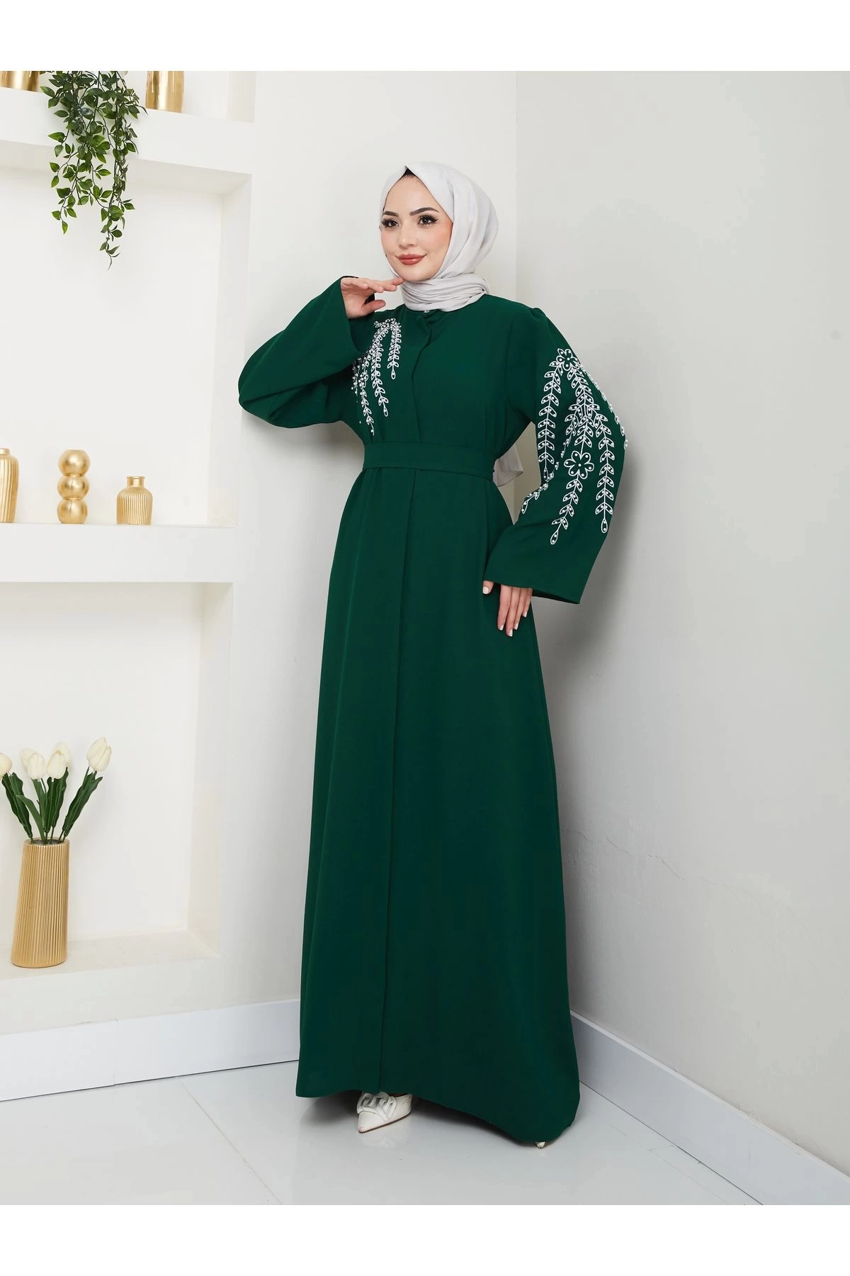 TAŞLİ ABAYA TESETTÜR GIYIM KADIN FERACE ELBISE ZÜMRÜT