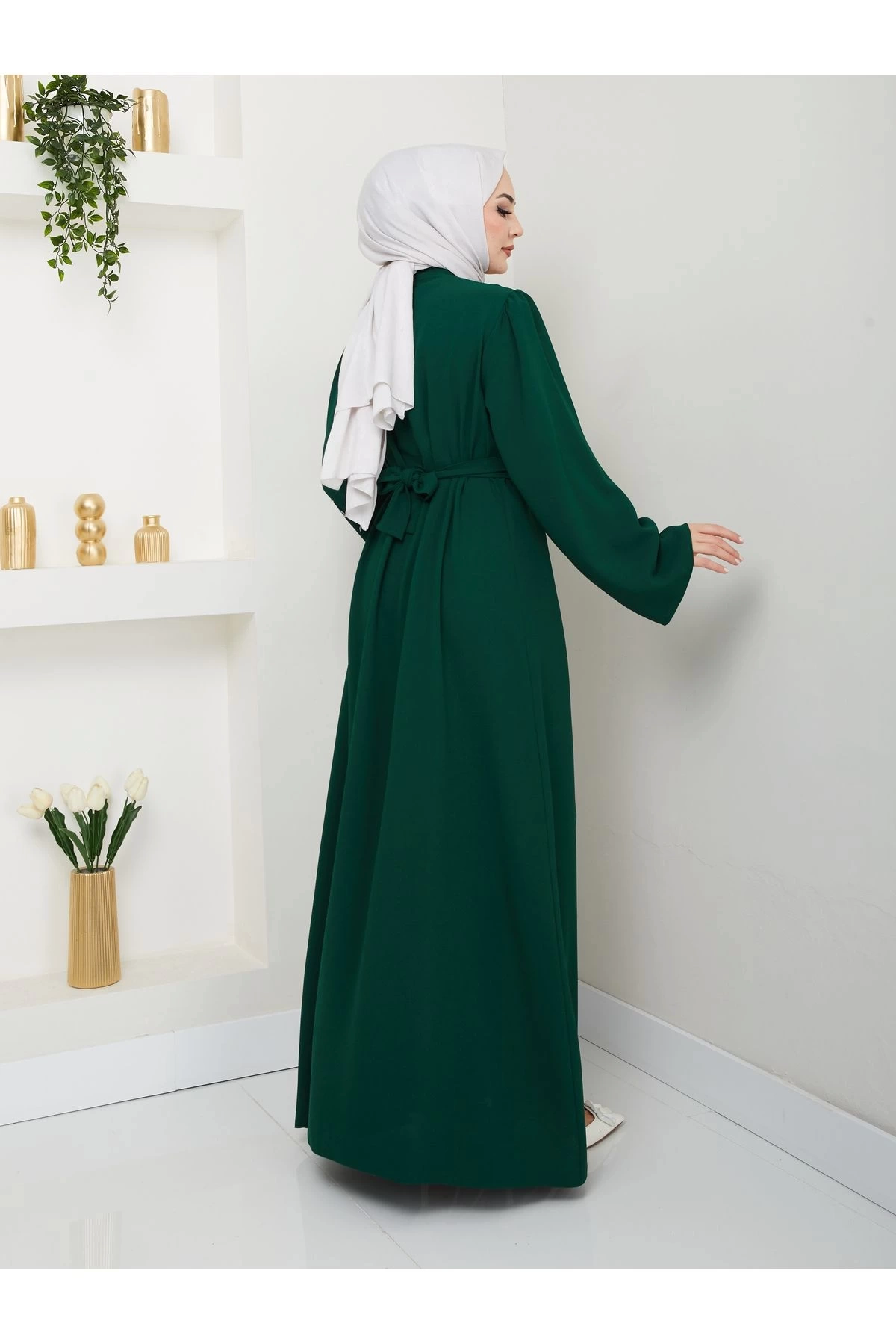 TAŞLİ ABAYA TESETTÜR GIYIM KADIN FERACE ELBISE ZÜMRÜT