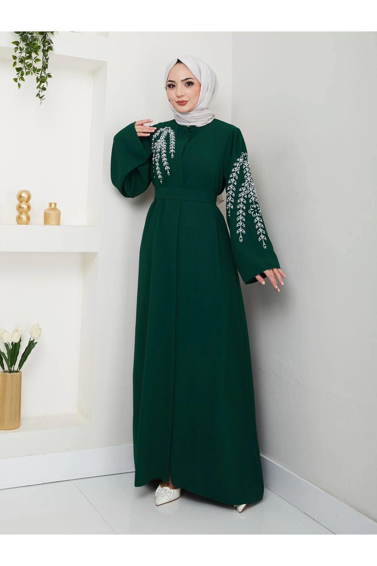 TAŞLİ ABAYA TESETTÜR GIYIM KADIN FERACE ELBISE ZÜMRÜT